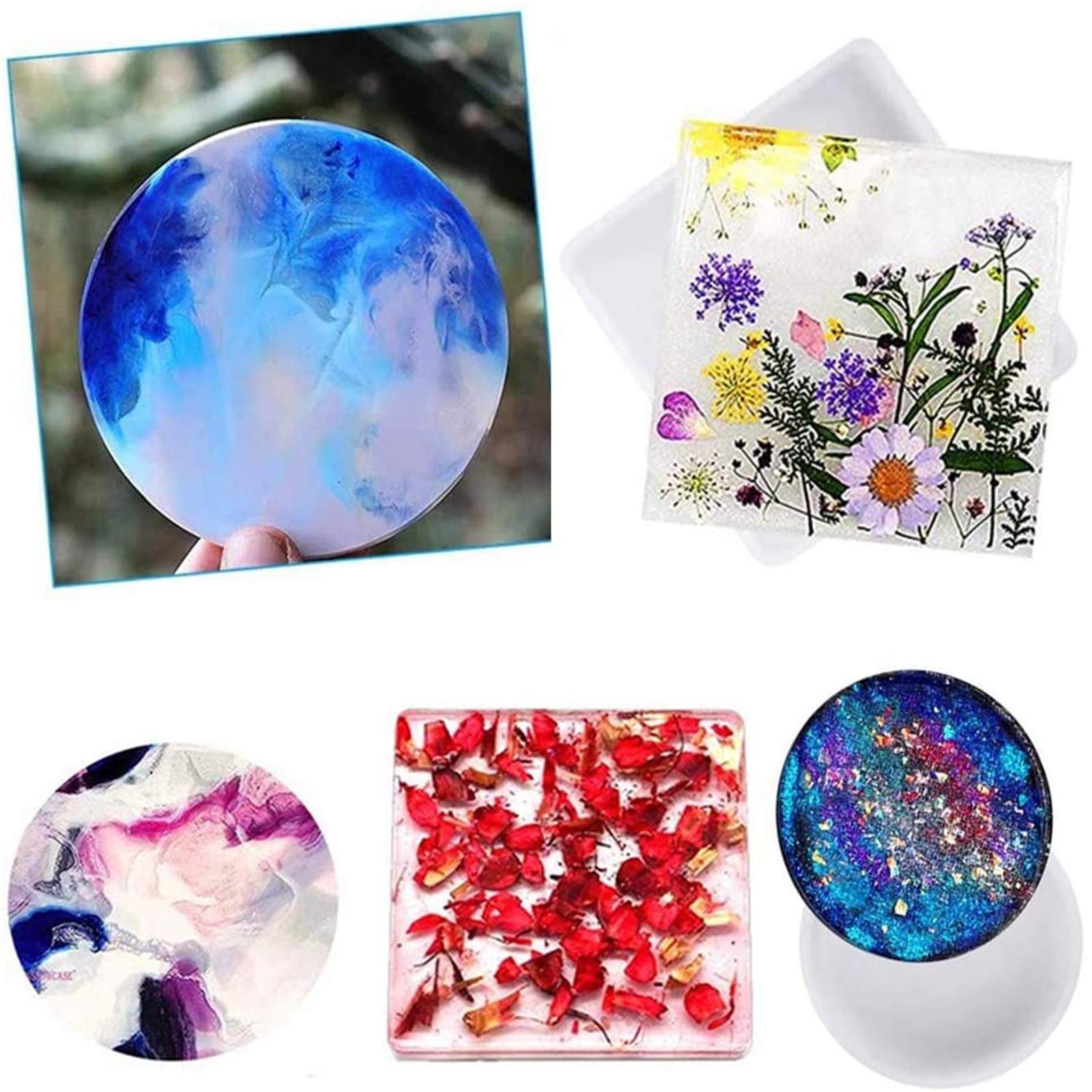 6 Pack Clear Silicone Resin Molds for Jewelry Making - Round Coaster, Square Tray, Oval & Rectangle Molds | DIY Epoxy Craft, Pendant, Keychain & Home Decor Projects