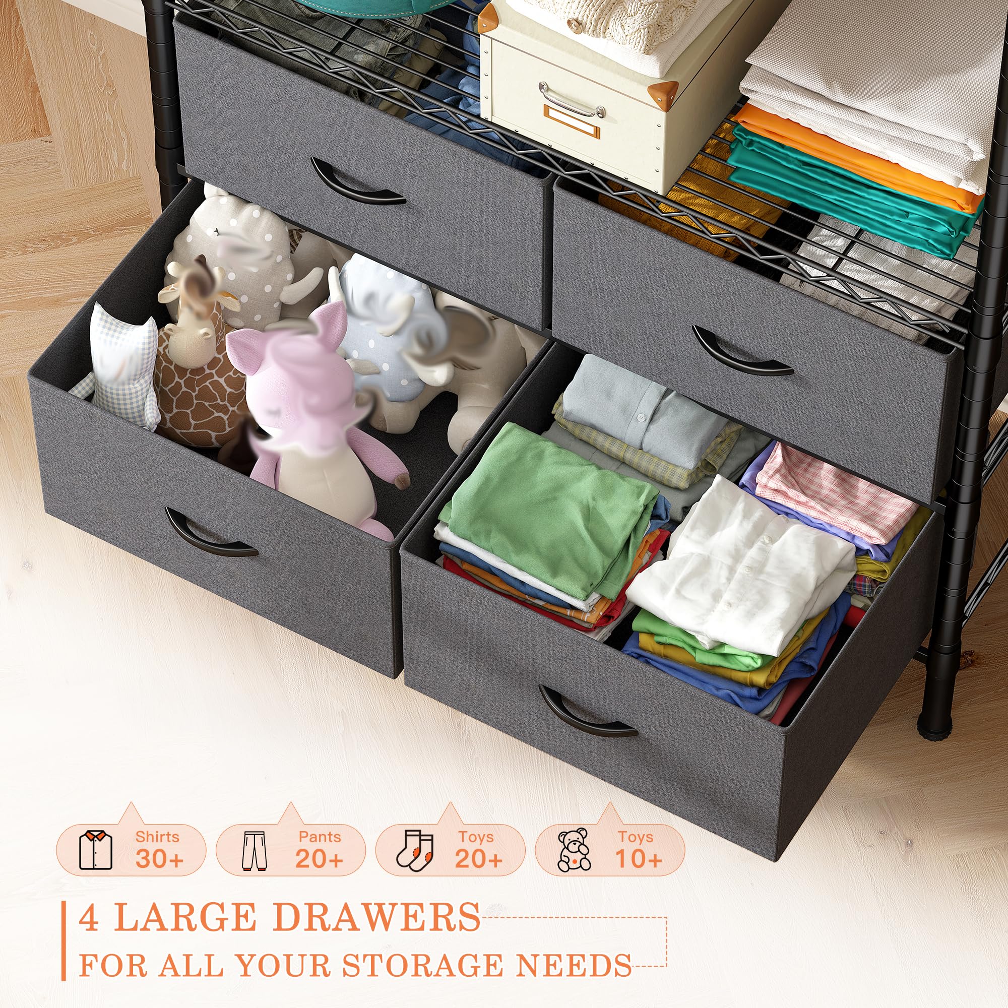 Raybee Heavy Duty Clothes Rack with 4 Drawers & Shelves - Sturdy Portable Closet Organizer for Hanging Clothes - Durable Black Garment Rack for Bedroom, Closet, Laundry Room or Dorm Organization