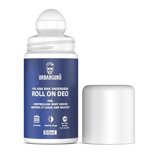 URBANGURU 4% AHA BHA Underarm Roll-On Deodorant | Prevents Body Odor, Brightens Skin, Eliminates Bacteria | Long-Lasting Floral Scent for Fresh Underarms | Gentle Formula for Sensitive Skin | 50ml | Perfect for Daily Use, Gym & Travel