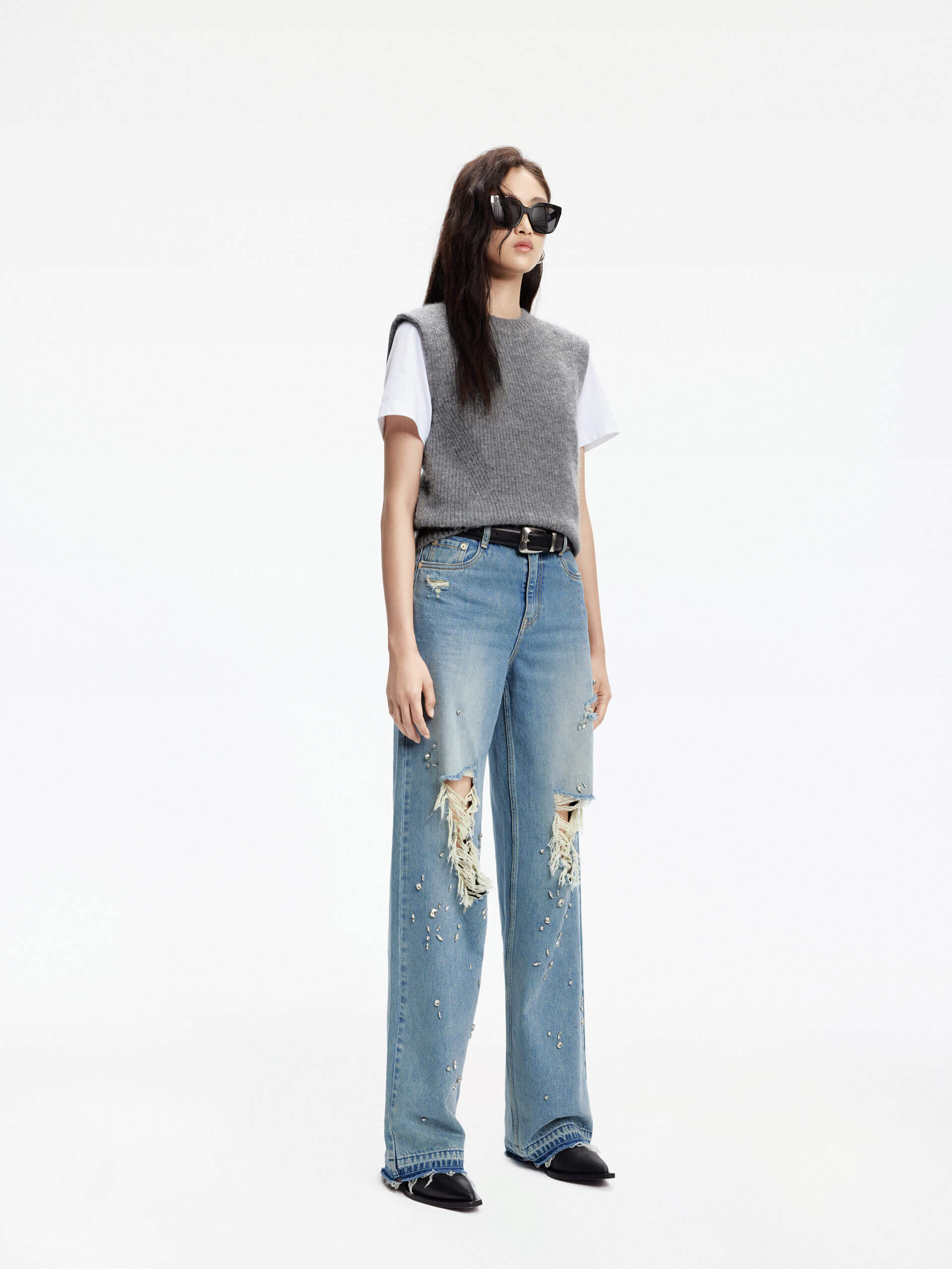 Crystal Detail Straight Jeans for Women - High Waist Slim Fit Stretch Denim Pants - Perfect for Casual Wear, Office & Date Night Outfits