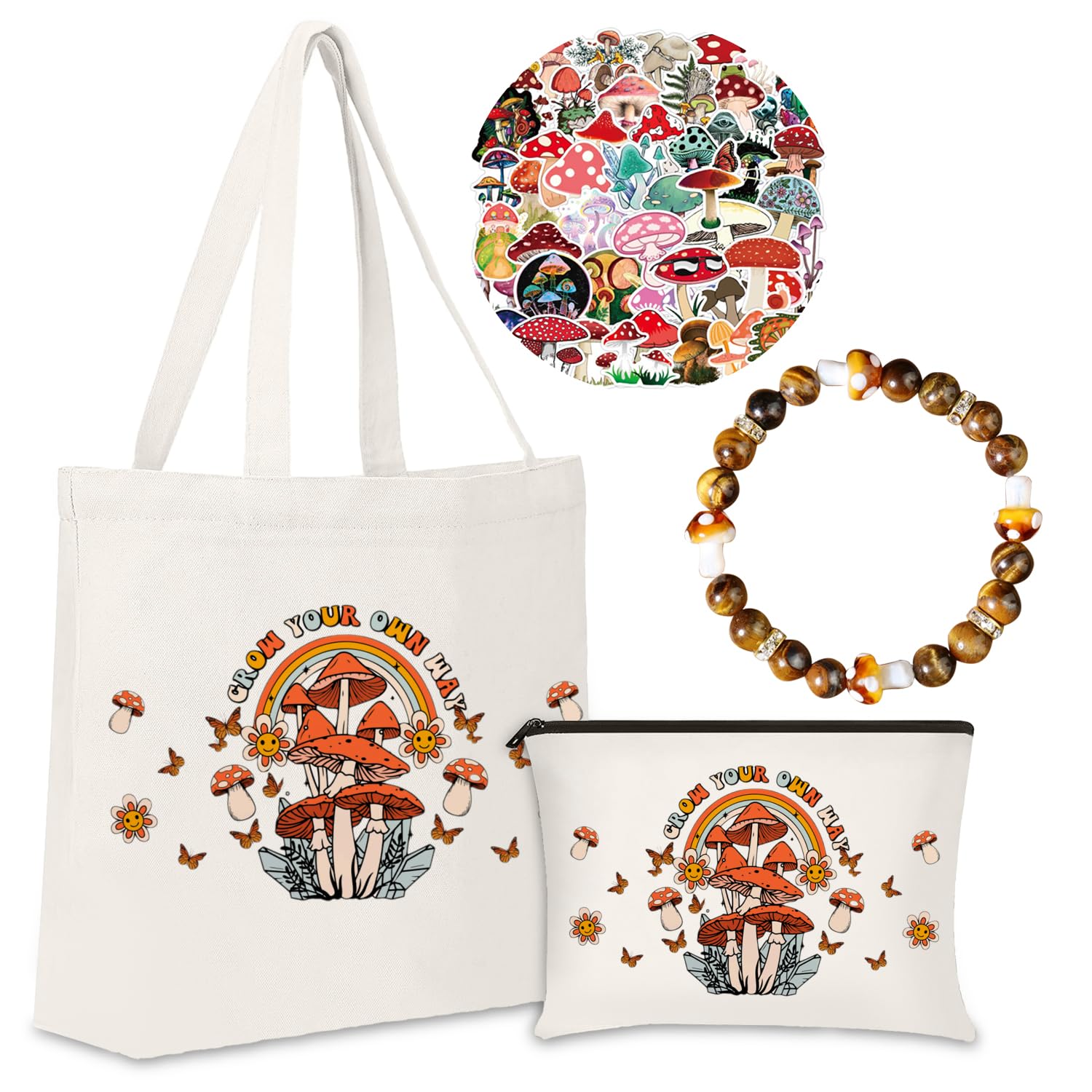Mushroom Lover Gift Set - Cosmetic Bag, Bracelet & 50PCS Stickers for Women | Perfect for Birthday, Christmas & Nature-Themed Decor