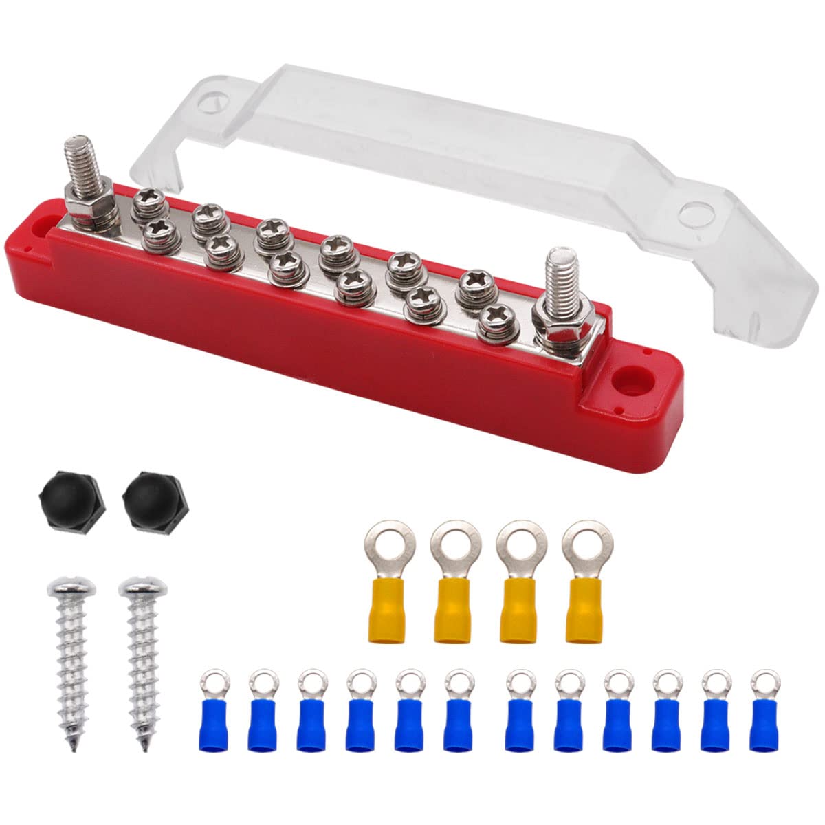 Seamaka Red Power Distribution Terminal Block with Cover - 2 x M6 Terminal Studs, 12 x M4 Screws, Battery Bus Bar for Car, Boat, Marine Applications - Perfect for Automotive Wiring, Marine Electrical Systems, and RV Power Distribution
