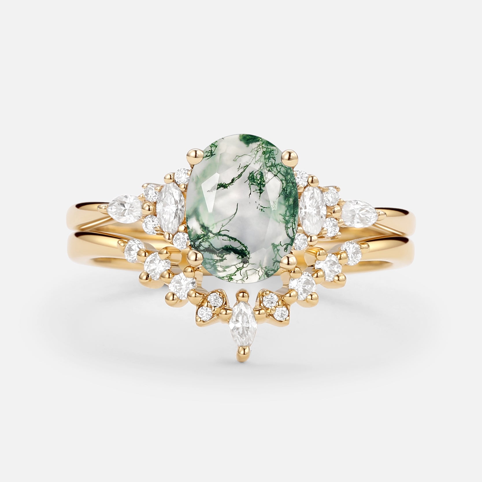 Freya Oval Cut Moss Agate Classic Cluster Gold Ring Set - 2 Piece Wedding Band & Engagement Ring Set for Women - Perfect for Bridal Jewelry, Anniversary Gifts & Special Occasions
