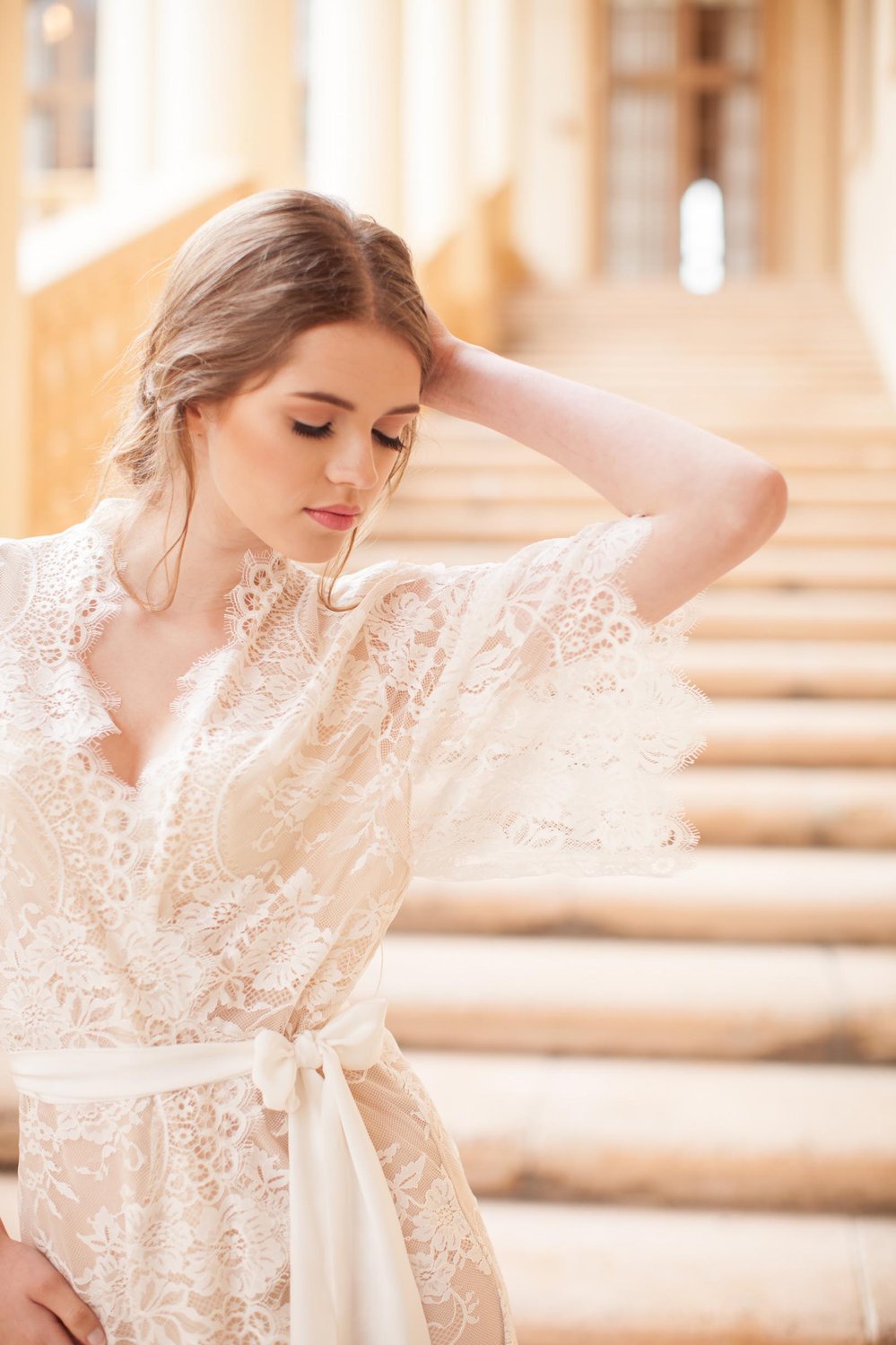 Elegant Swan Queen Lace Robe Kimono in Ivory with Silk Lining - Style 104SH | Perfect for Bridal Shower, Wedding Party & Luxury Loungewear