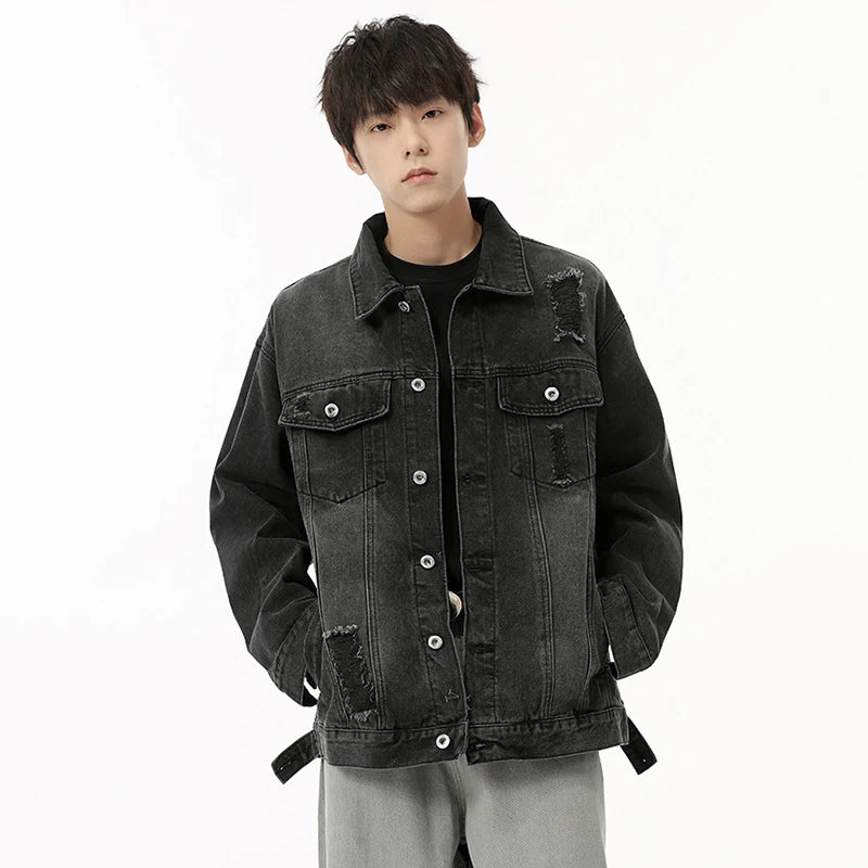 Men's Distressed Denim Jacket - American Style Faded Contrast Color Turn-Down Collar Coat | Trendy Fall Outerwear for Casual Wear & Street Style