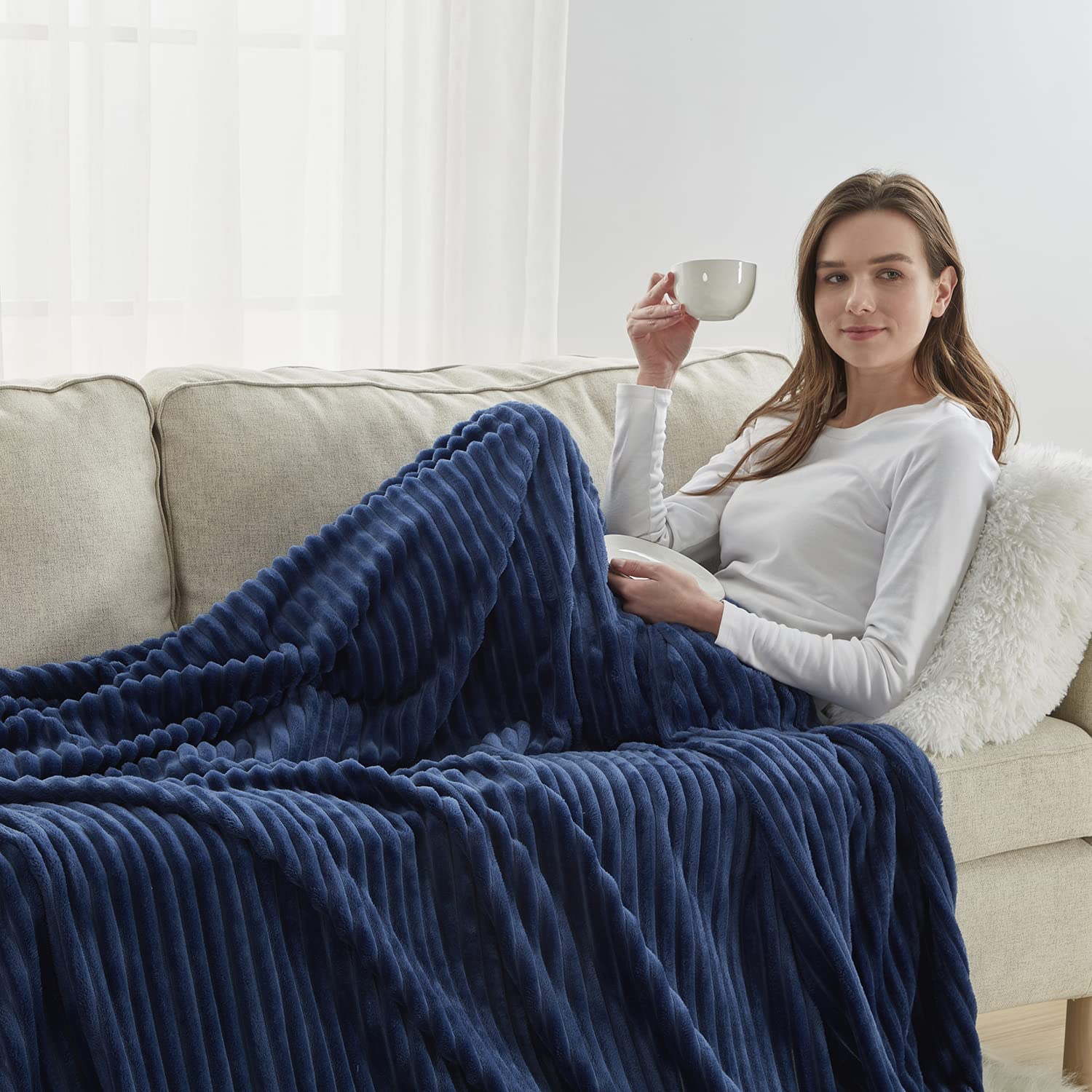 Nestl Navy Blue Fleece Throw Blanket 50x60 Inches - Ultra Soft & Lightweight Plush Blanket for Couch, Sofa, Bed - Cozy Warm Fuzzy Blanket Perfect for Living Room, Bedroom, Travel & Gifts