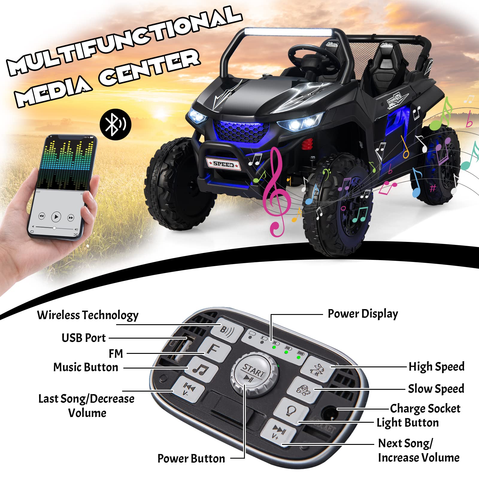 OLAKIDS 12V Kids Electric Ride On Car - 2 Seater UTV with Parent Remote Control, Spring Suspension & Bluetooth Music | Battery Powered Toy Vehicle for Boys & Girls Ages 3-8 | Perfect for Outdoor Play, Birthday Gifts & Backyard Fun (Jet Black)