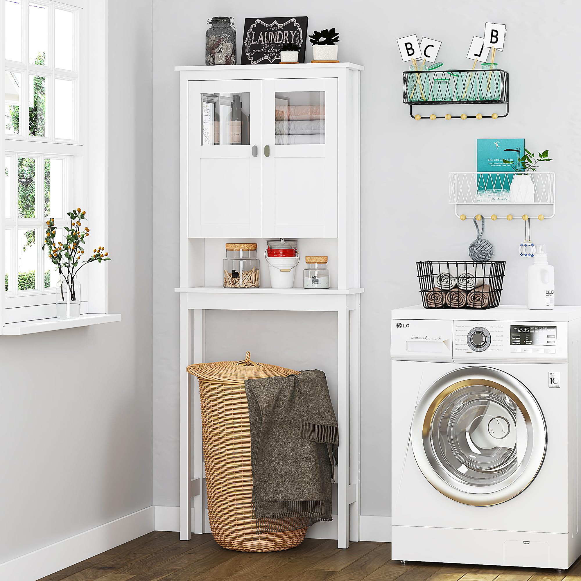 White Over The Toilet Storage Cabinet with Glass Doors & Adjustable Shelves - Bathroom Space Saving Organizer for Towels, Toiletries & Cosmetics