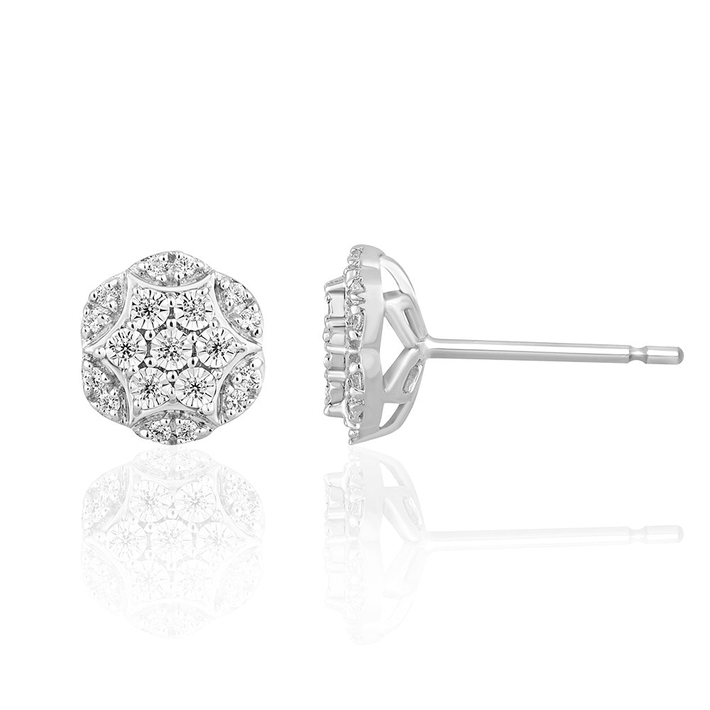 9ct White Gold Flower Cluster Diamond Stud Earrings for Women - Elegant & Dainty Jewelry Gift for Wedding, Anniversary & Special Occasions