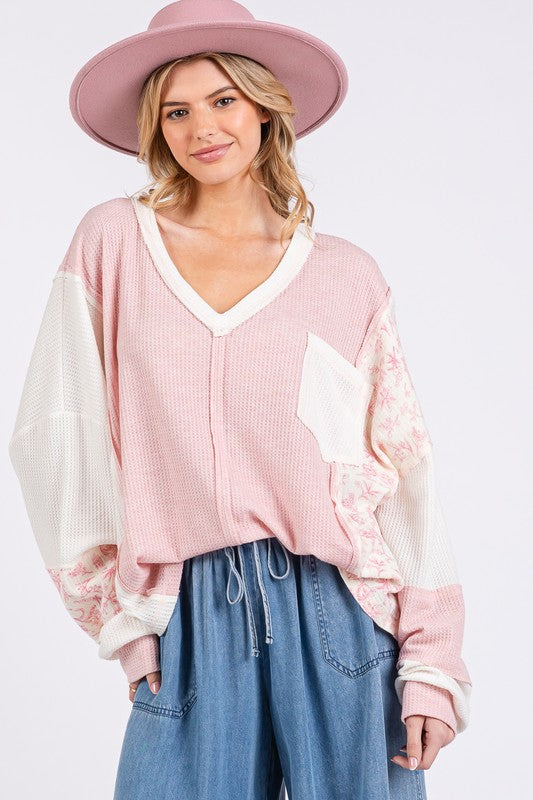 Boho Floral Waffle Knit Top for Women - Long Sleeve V-Neck Loose Beach Tunic - Perfect for Summer Vacations, Music Festivals & Casual Boho Outfits