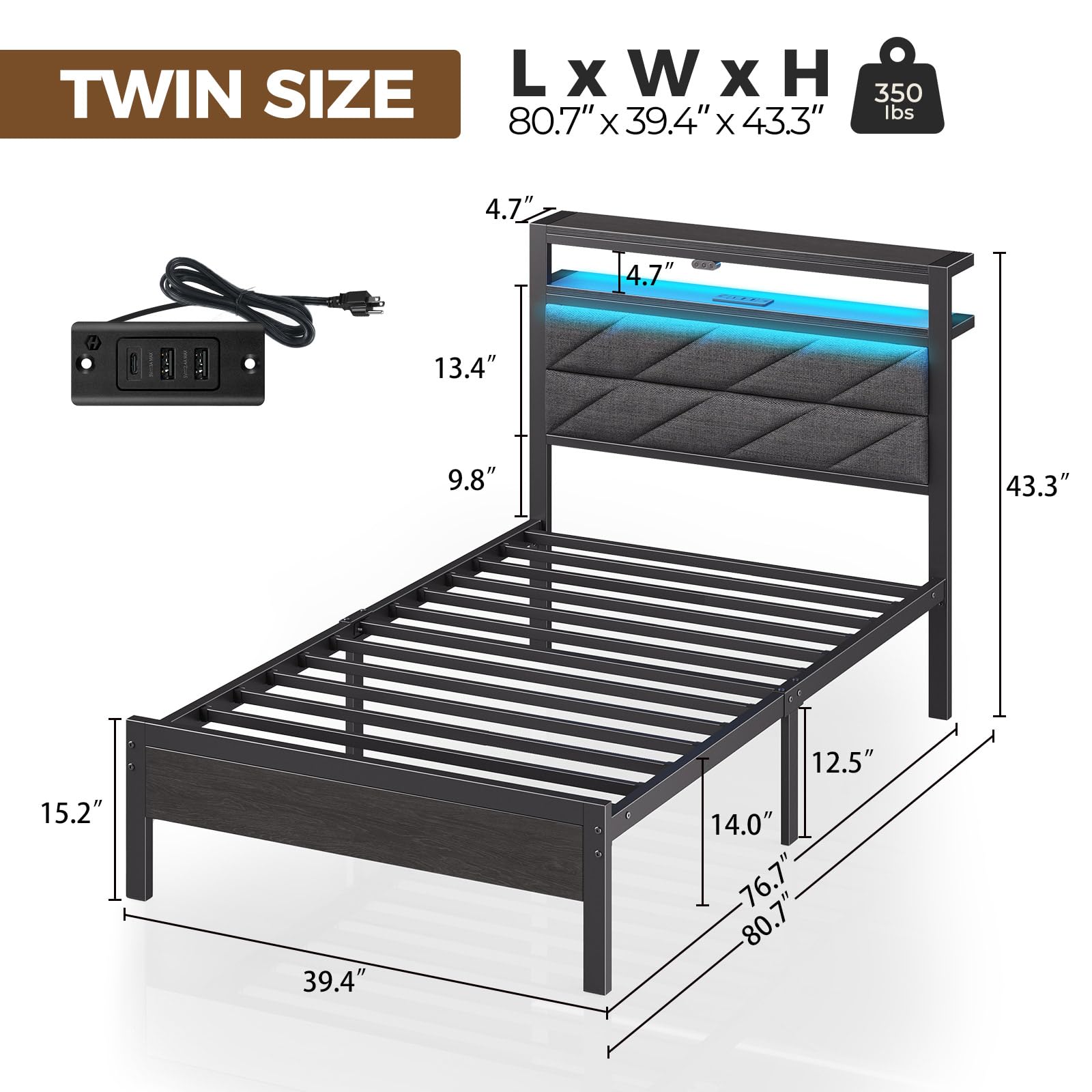 Twin Size Upholstered Platform Bed Frame with LED Headboard & USB Charging Station - Under Bed Storage, No Box Spring Needed, Noise-Free, Easy Assembly, Grey - Perfect for Small Bedrooms, Dorms & Guest Rooms