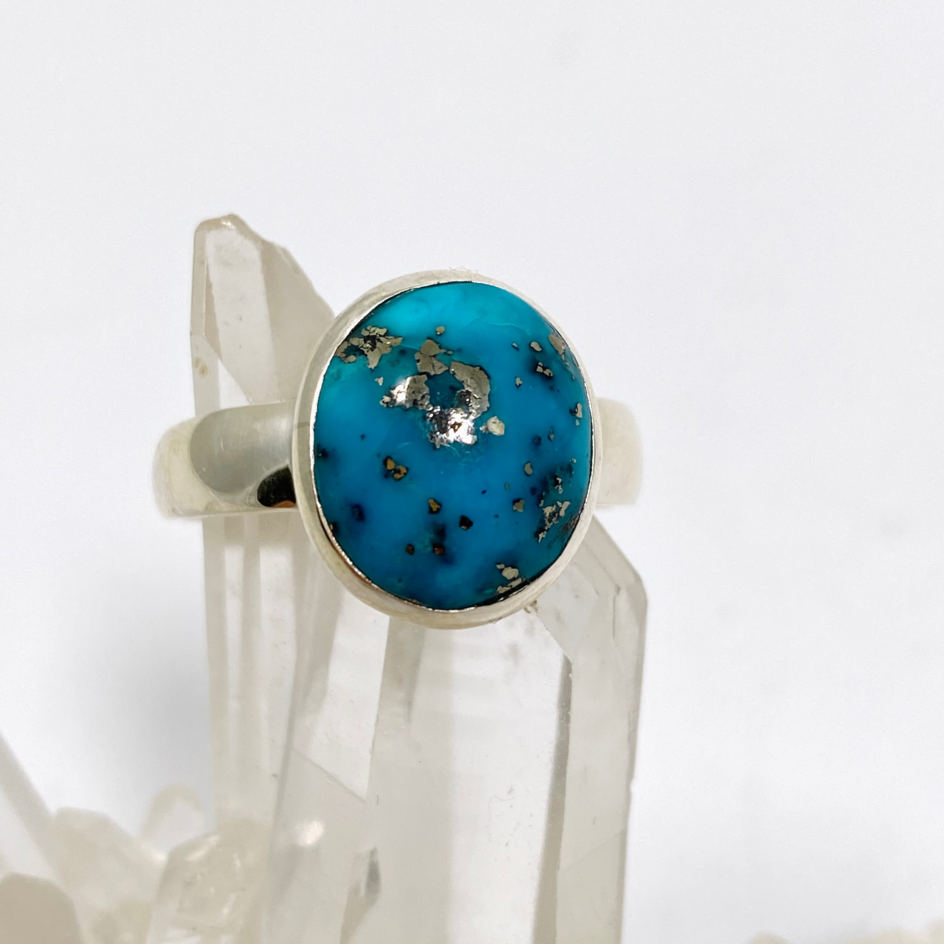 Natural Persian Turquoise with Pyrite Oval Cabochon Ring - Size 9.5 - Handmade Iranian Jewelry - Perfect for Boho Fashion & Gift Giving
