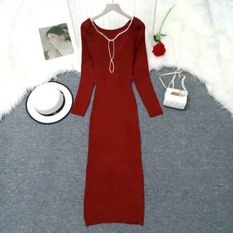 2024 French Square Neck Long Sleeve Knit Dress for Women - Elegant Solid Diamond Office Dress for Autumn Winter | Perfect for Work, Parties & Formal Occasions