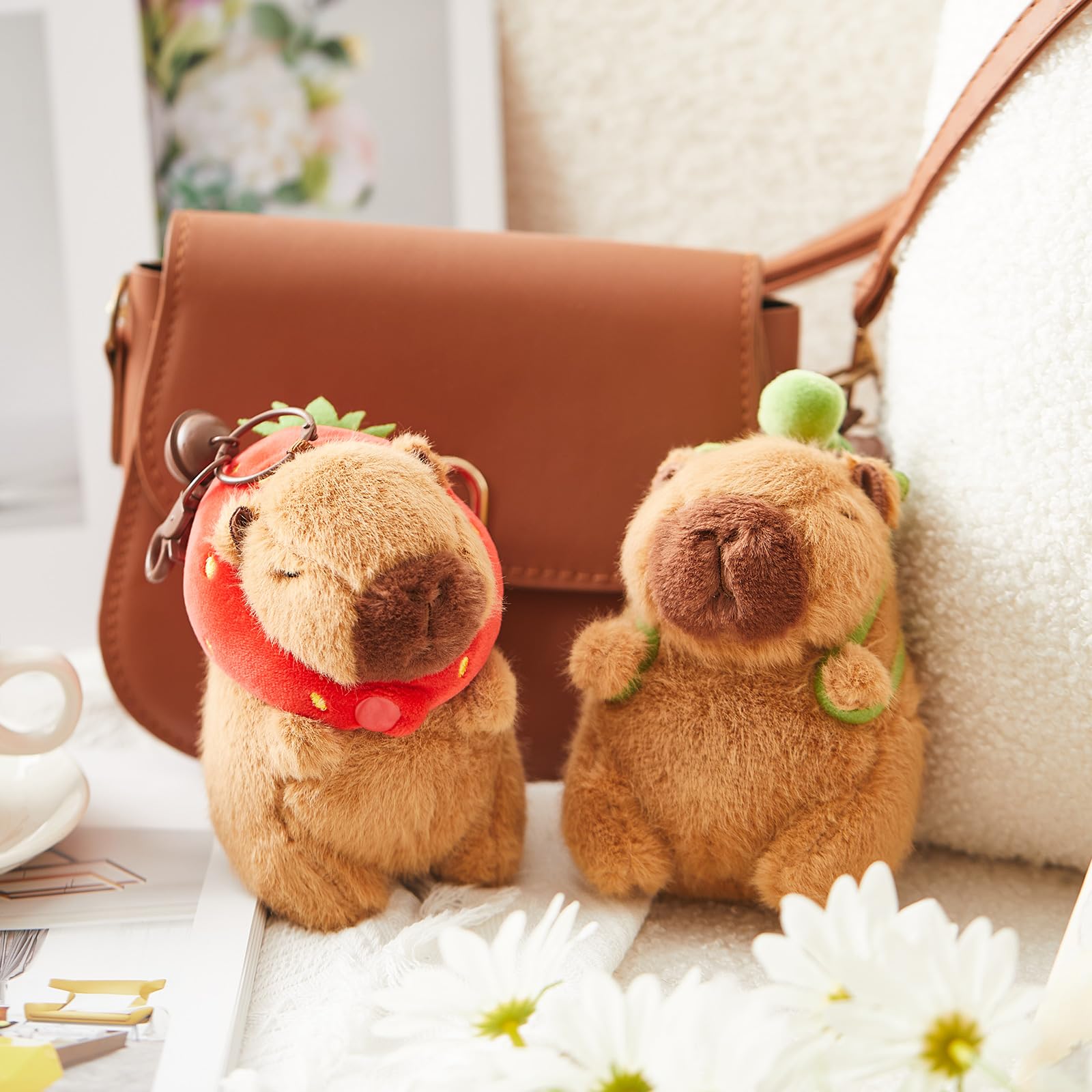 2 Pack Cute Capybara Plush Keychain - Soft Stuffed Animal Toy Pendant for Graduation Gifts, Birthday Party Favors, Home Decor (Turtle Bag & Strawberry Hood) - Perfect for Backpacks, Key Rings & Gift Exchanges