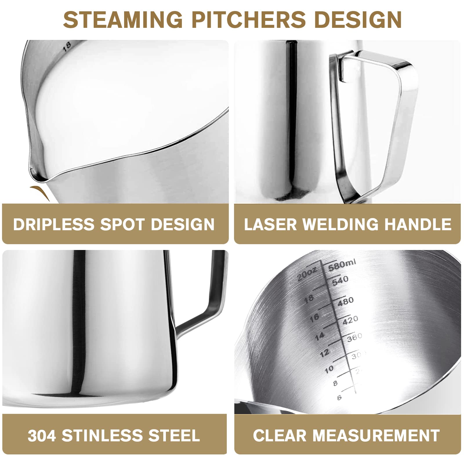 20 oz Stainless Steel Milk Frothing Pitcher for Espresso & Latte Art - Barista Coffee Frother Cup with Measuring Scale & Decorating Pen - Perfect for Cappuccino, Latte Making & Home Coffee Brewing
