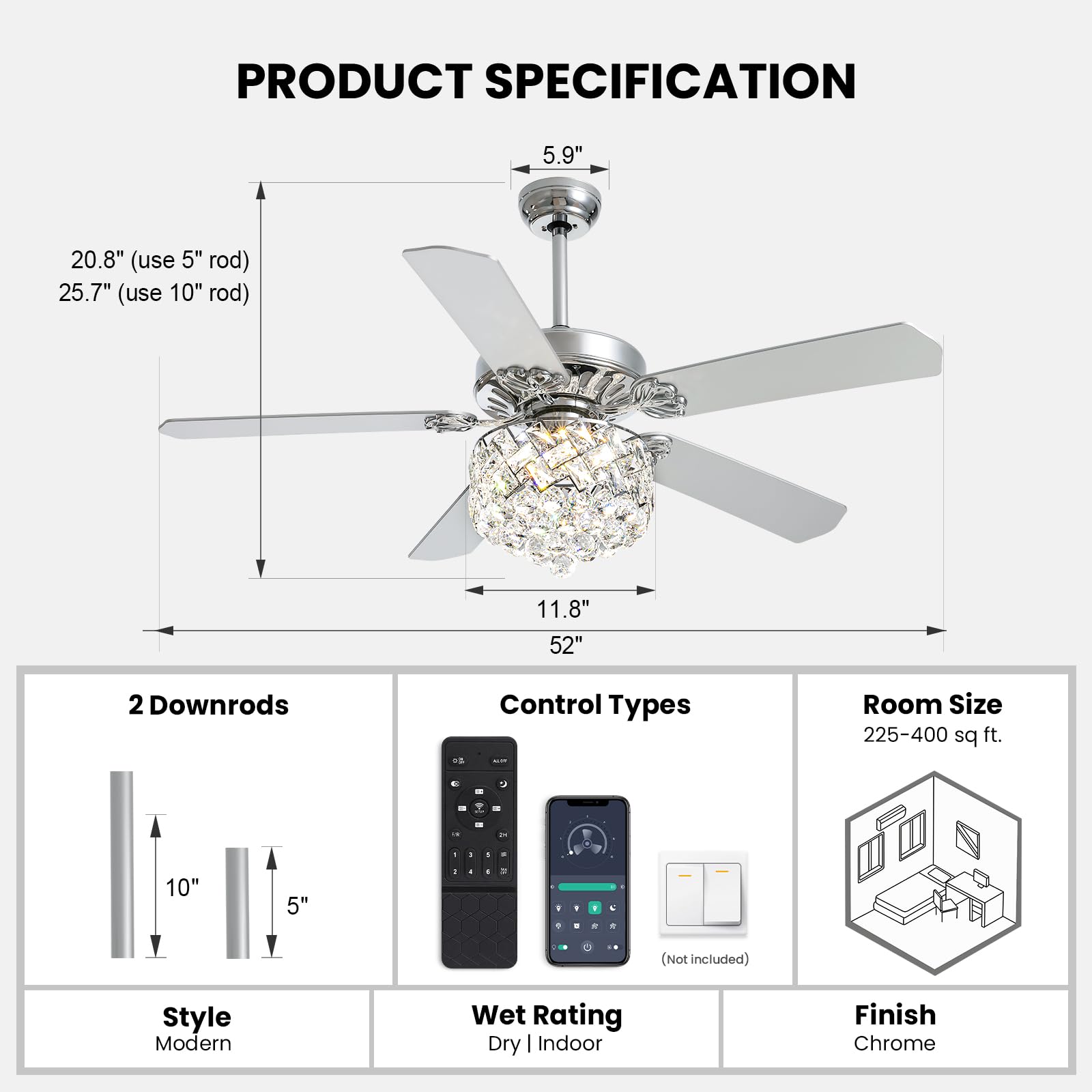 CROSSIO 52 Inch Modern Crystal Ceiling Fan with Dimmable LED Light - Remote Control Reversible Chandelier Fan for Bedroom, Living Room & Dining Room - Chrome Finish - Energy Efficient Cooling & Stylish Home Decor