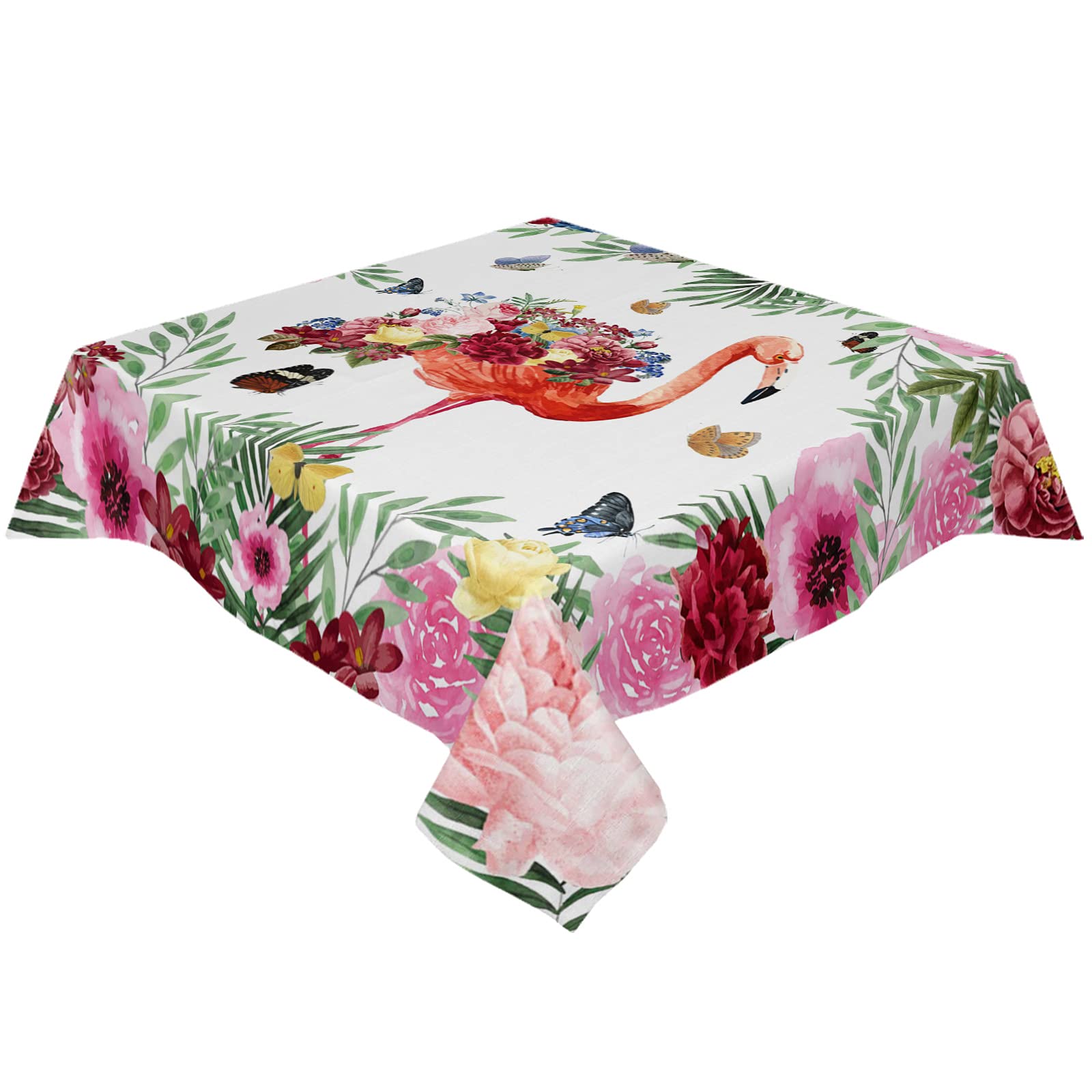 Flamingo Flower Butterfly Watercolor Waterproof Tablecloth - 60x60 Inch Square Summer Tropical Table Cover for Dining, Buffet, Camping & Outdoor Parties