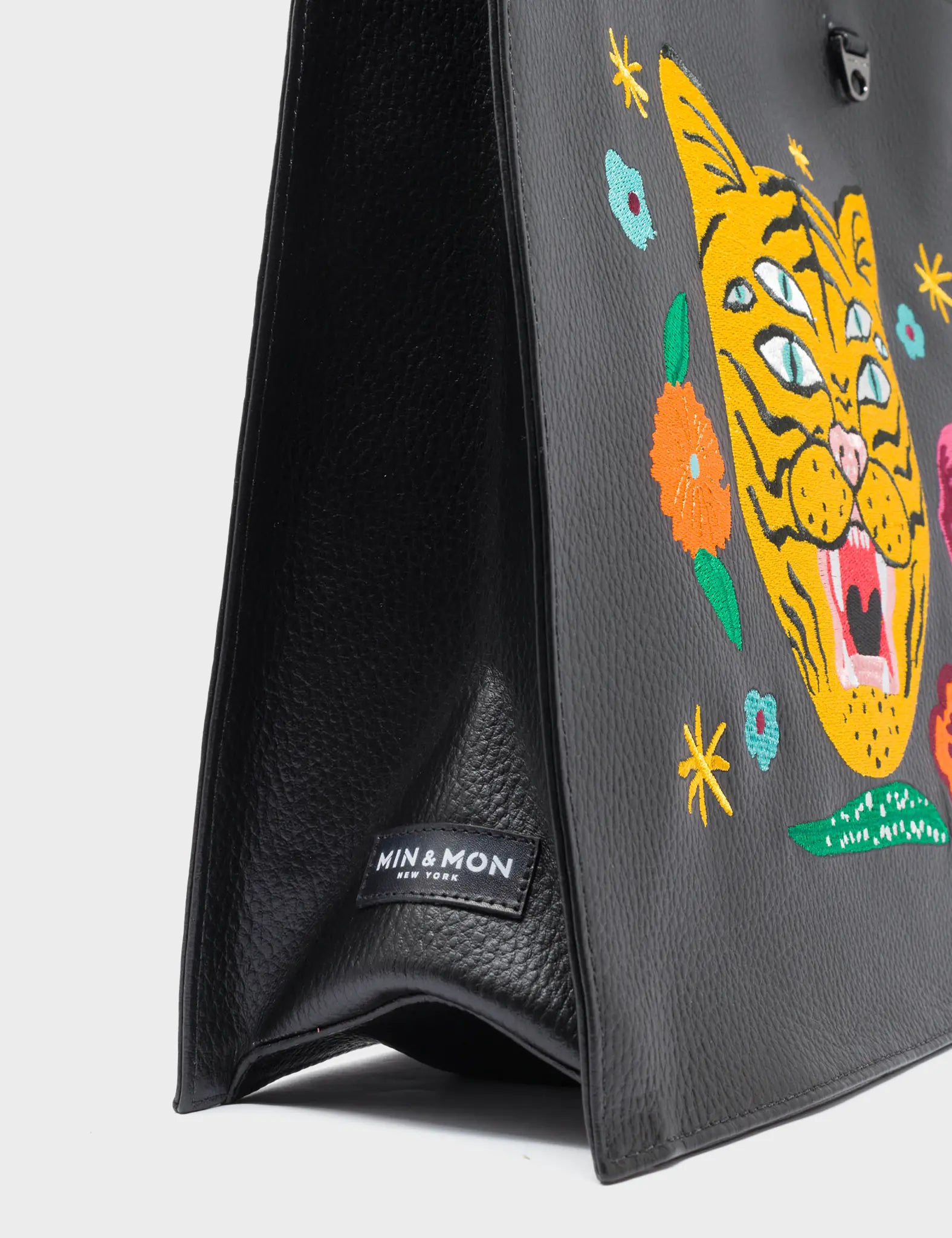 Stylish Black Leather Tote Bag with Tiger & Floral Embroidery - Perfect for Work, Travel & Everyday Use