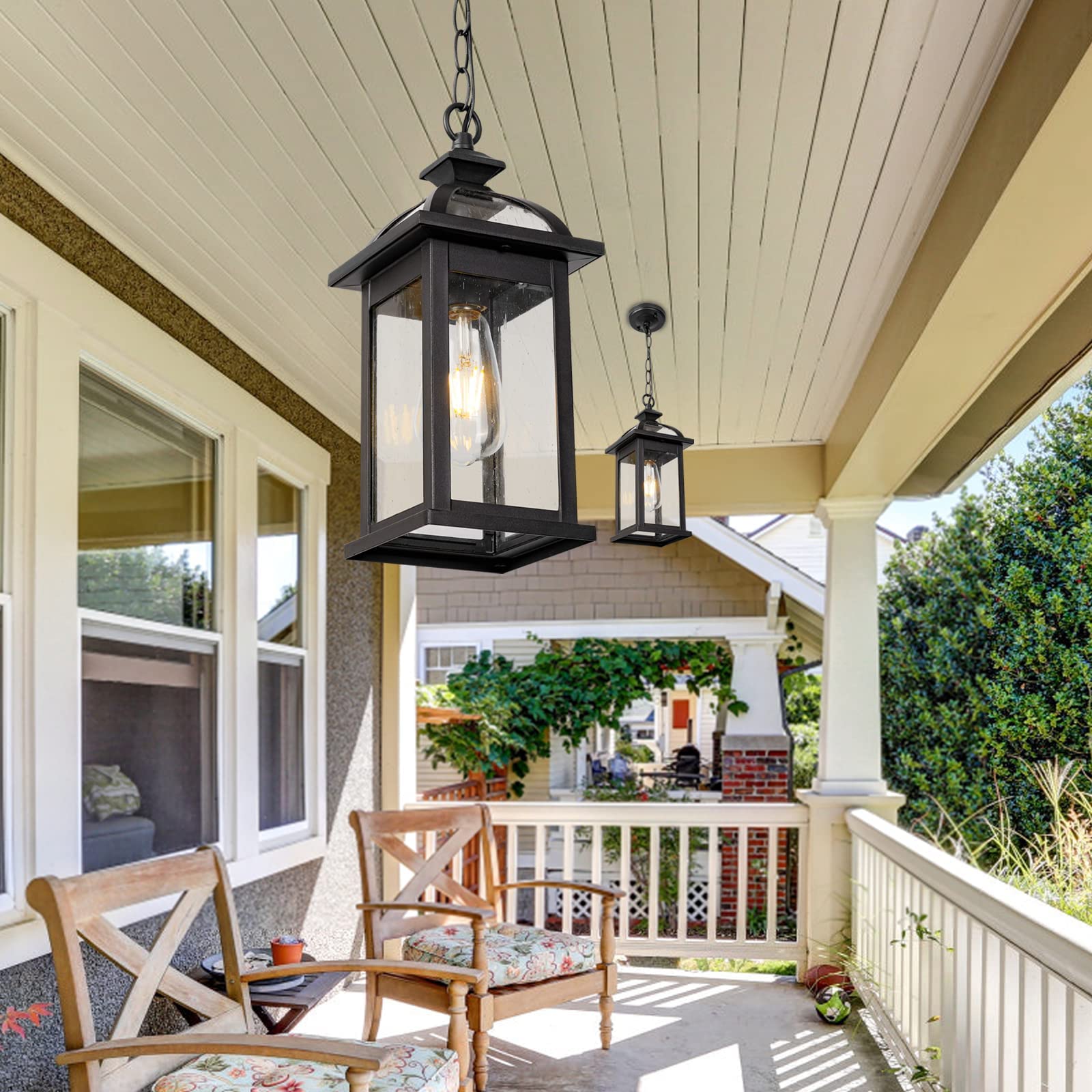 Darkaway Outdoor Pendant Light Fixture - 2 Pack Black Aluminum Hanging Lantern with Glass Shade for Porch, Patio, Entryway - Weatherproof Exterior Lighting for Home & Garden Decor