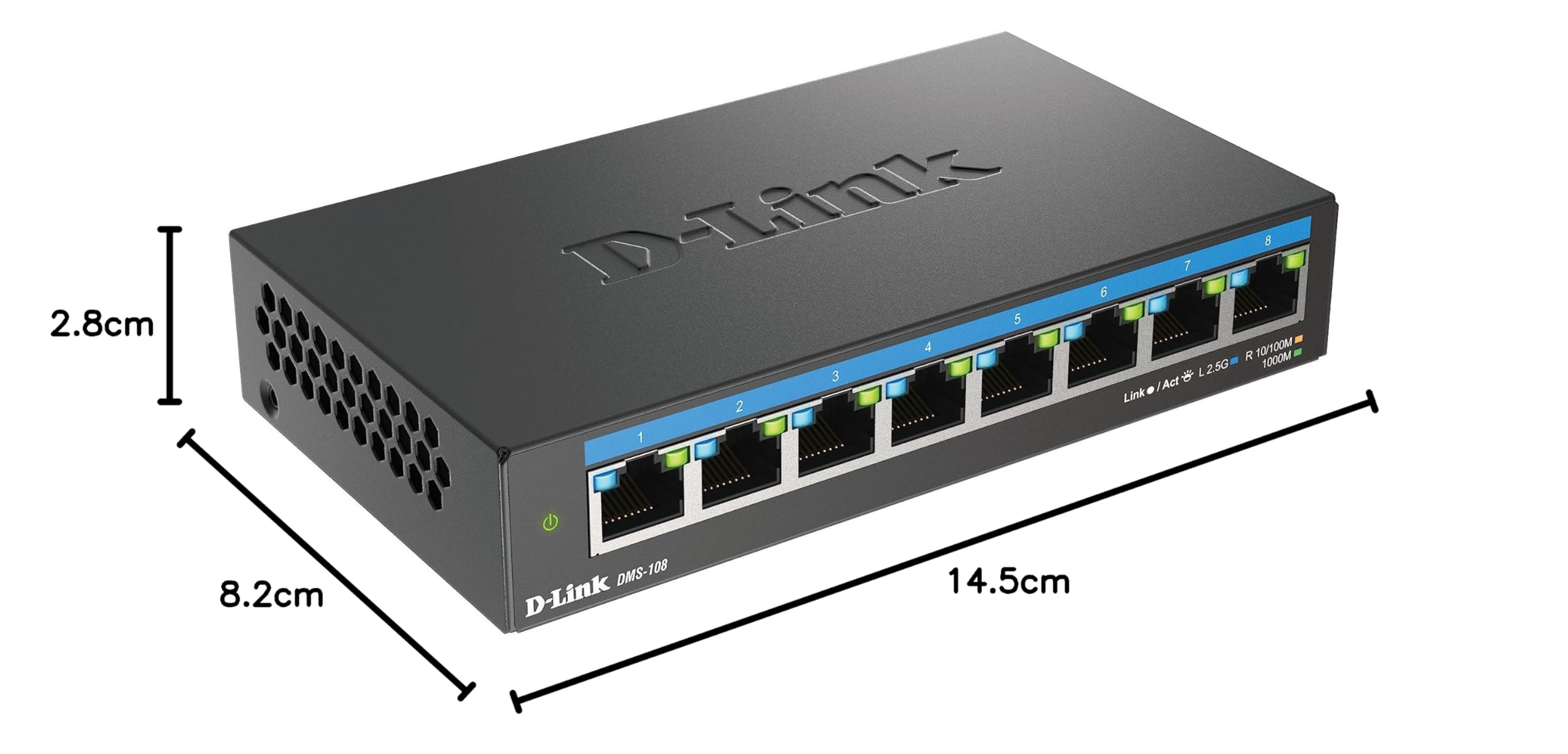 D-Link DMS-108 8-Port 2.5G Multi-Gigabit Unmanaged Desktop Switch | 8 x 2.5G Ethernet Ports | Fanless & Compact Metal Design | Plug & Play | QoS Support | Ideal for Home Office, Gaming & Small Business Networks