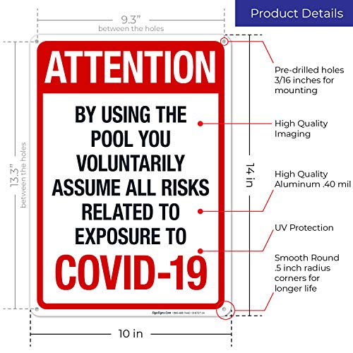 10x14 Inches Rust-Free .040 Aluminum Pool Warning Sign - 'Attention: Using The Pool You Voluntarily Assume All Risks' - Fade Resistant for Indoor/Outdoor Use - Made in USA - Perfect for Public Pools, Water Parks & Backyard Safety