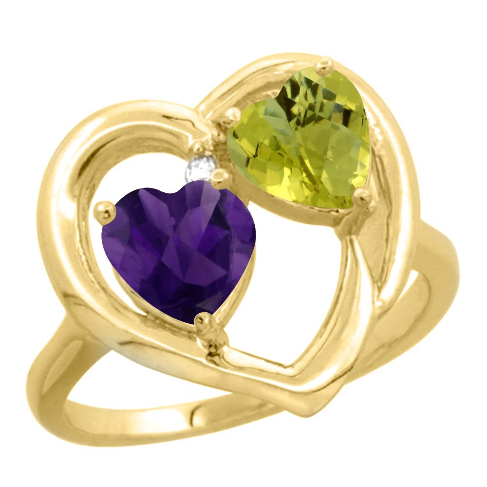 10K Yellow Gold Diamond Two-Stone Heart Ring with 6mm Natural Amethyst & Lemon Quartz | Size 5-10 | Valentine's Gift, Anniversary Jewelry, Romantic Proposal Ring for Her