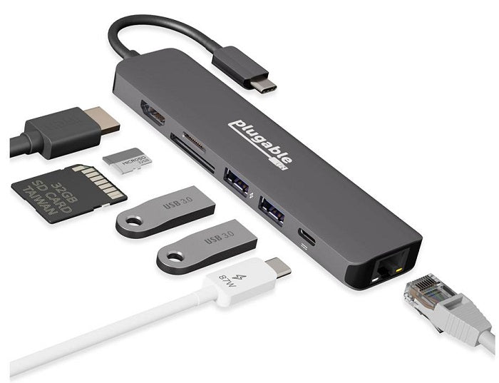 Plugable 7-in-1 Thunderbolt 4 USB-C Hub with 4K HDMI, 100W PD, USB-A, SD Card Reader - Compatible with MacBook Pro/Air, Dell XPS, iPad Pro (Perfect for Home Office, Video Conferencing & Multi-Monitor Setup)