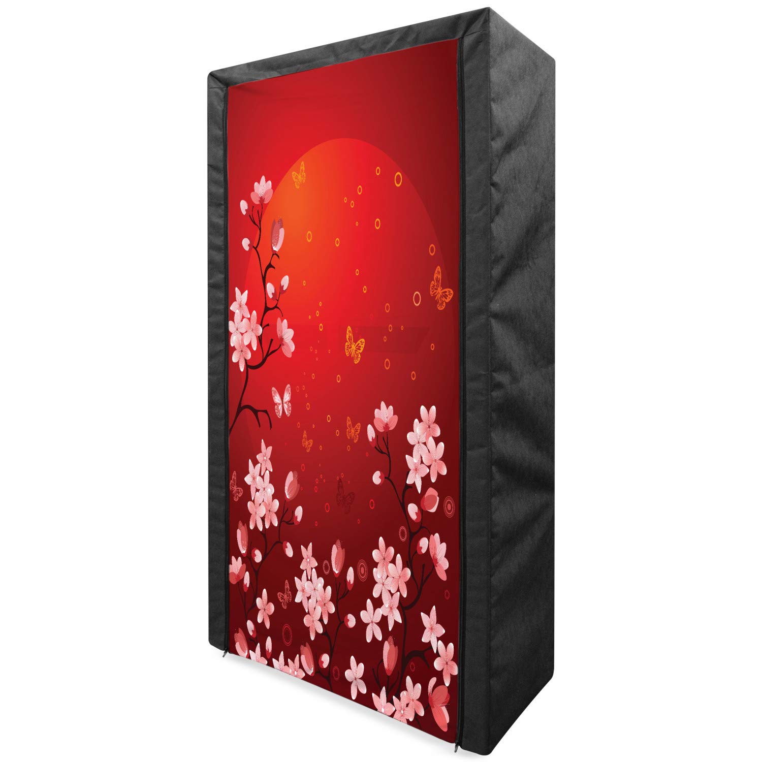 Ambesonne Red Portable Fabric Wardrobe - Ethereal Abstract Sunset Scenery with Cherry Blossoms & Butterflies, 33.5