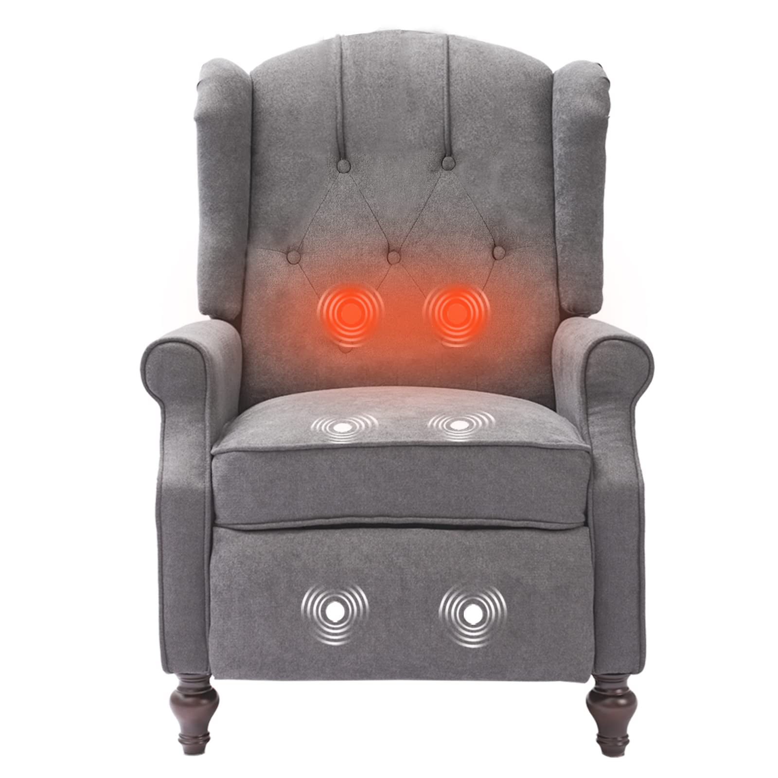 IPKIG Heated Massage Recliner Chair - Tufted Wingback Push Back Armchair with Side Pockets, Grey - Perfect for Living Room, Bedroom & Home Office Relaxation