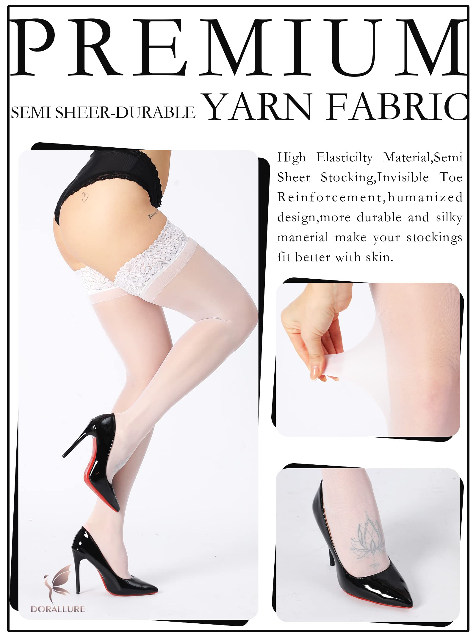 DORALLURE Women's Thigh High Stockings - Silicone Lace Top Stay Up, Silky Semi-Sheer Pantyhose, Nylon Hold Up Stockings for Everyday Wear & Special Occasions