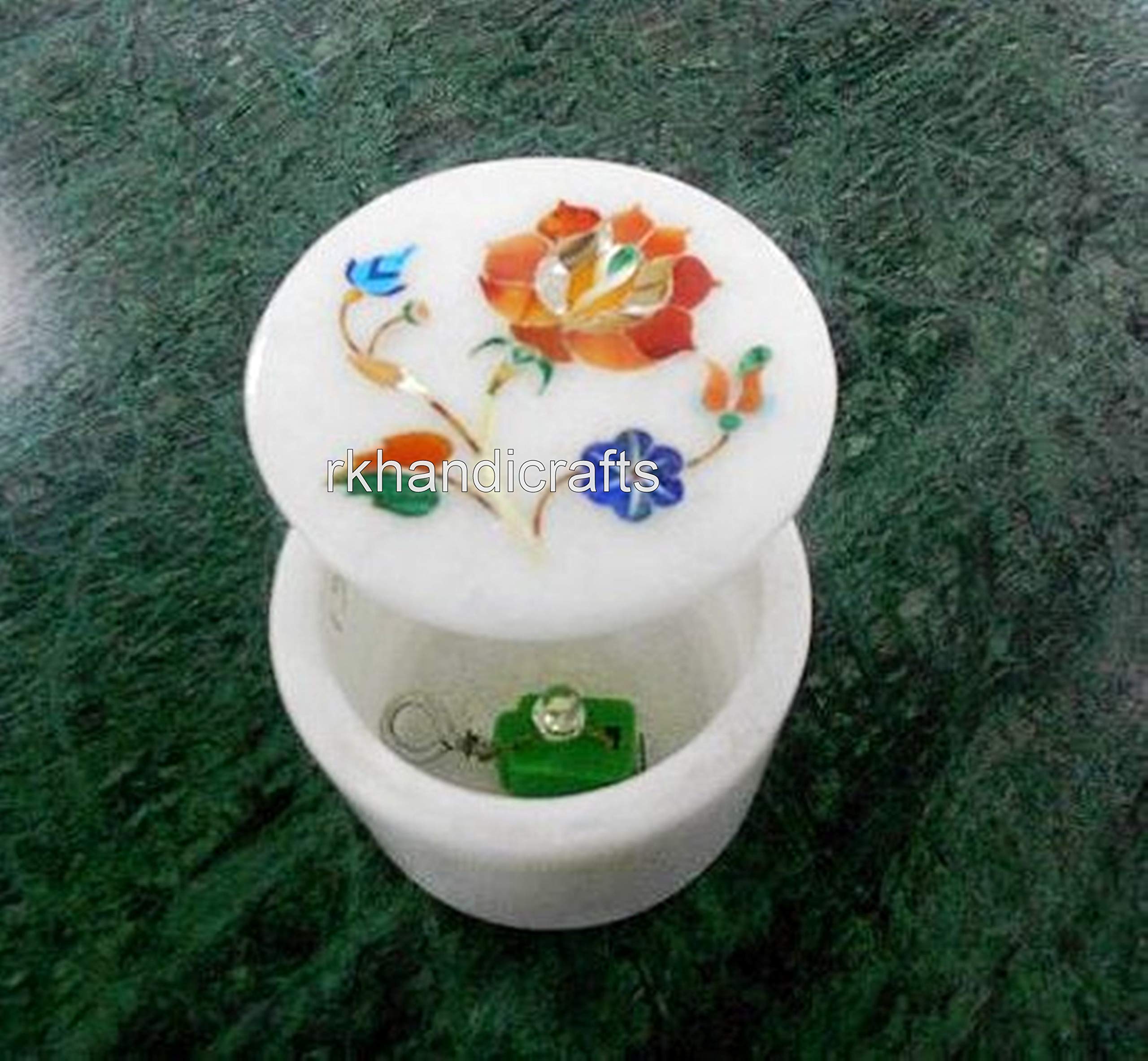 Handmade White Marble Trinket Box with Pietra Dura Art - 2.5 Inch Jewelry Storage Organizer | Perfect Mother's Day Gift, Wedding Favor & Home Decor Accessory