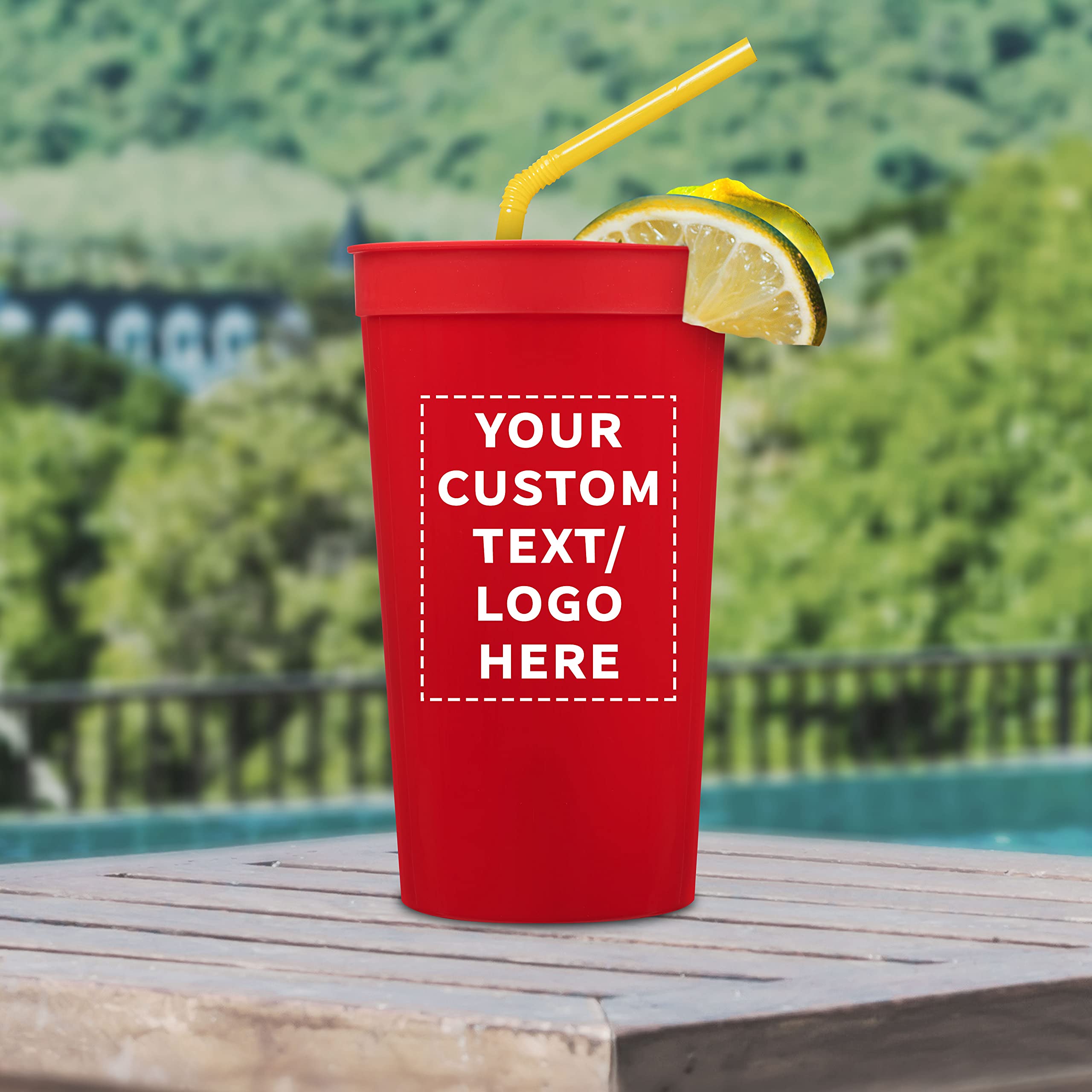 Custom 32 oz Plastic Stadium Cups - Bulk Pack of 50 Personalized Cups for Sports Events, Parties, Beach Picnics & Summer Celebrations - Durable Red Drinkware for Tailgating, BBQs, and Outdoor Gatherings