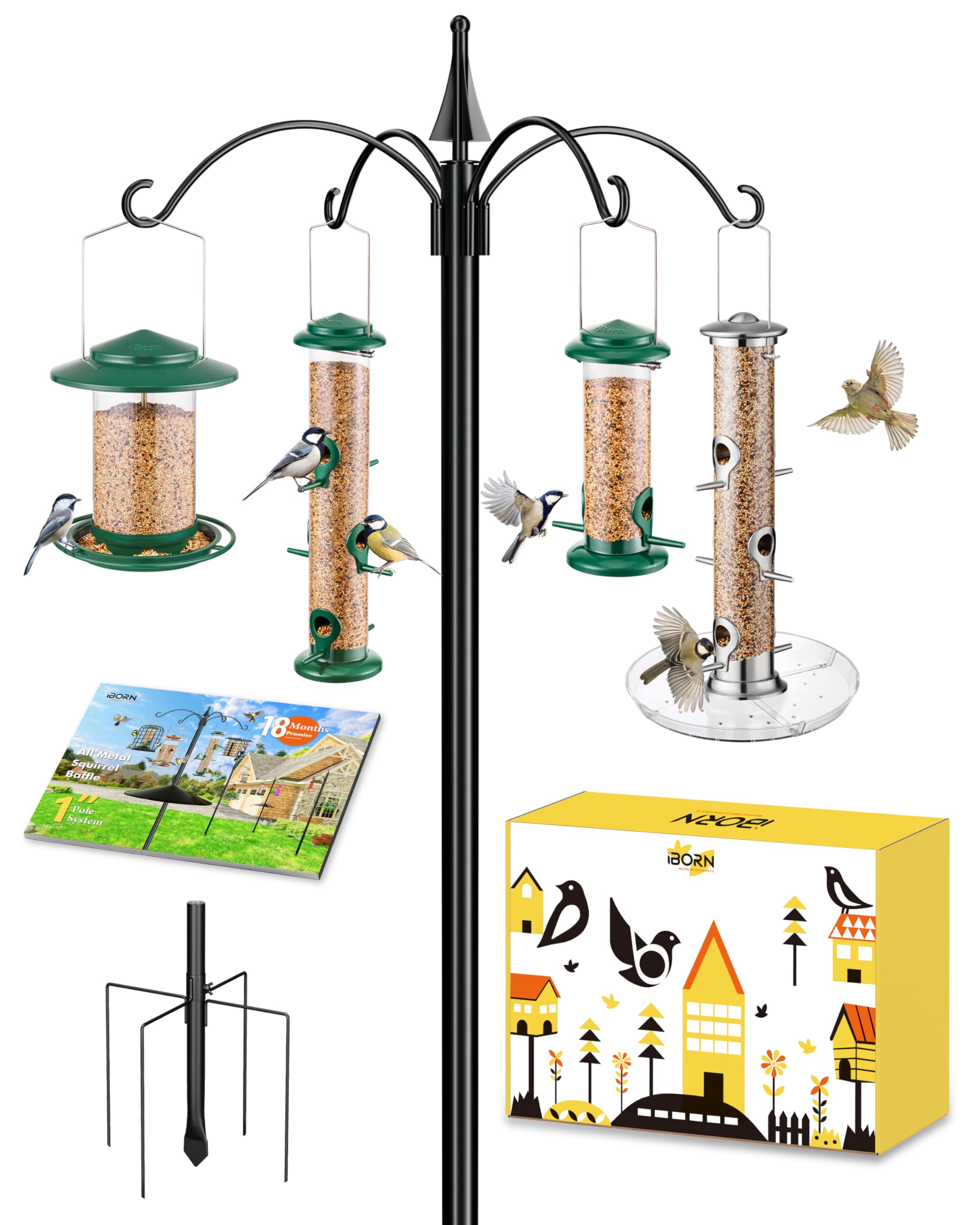 iBorn 87Inch Heavy Duty Hanging Bird Feeder Station Stand - 1 Inch Thick Pole with 4 Hooks & 5-Prong Stabilizer for Wild Birds (Bird Feeders Not Included) - Perfect for Backyard, Garden, and Outdoor Bird Watching