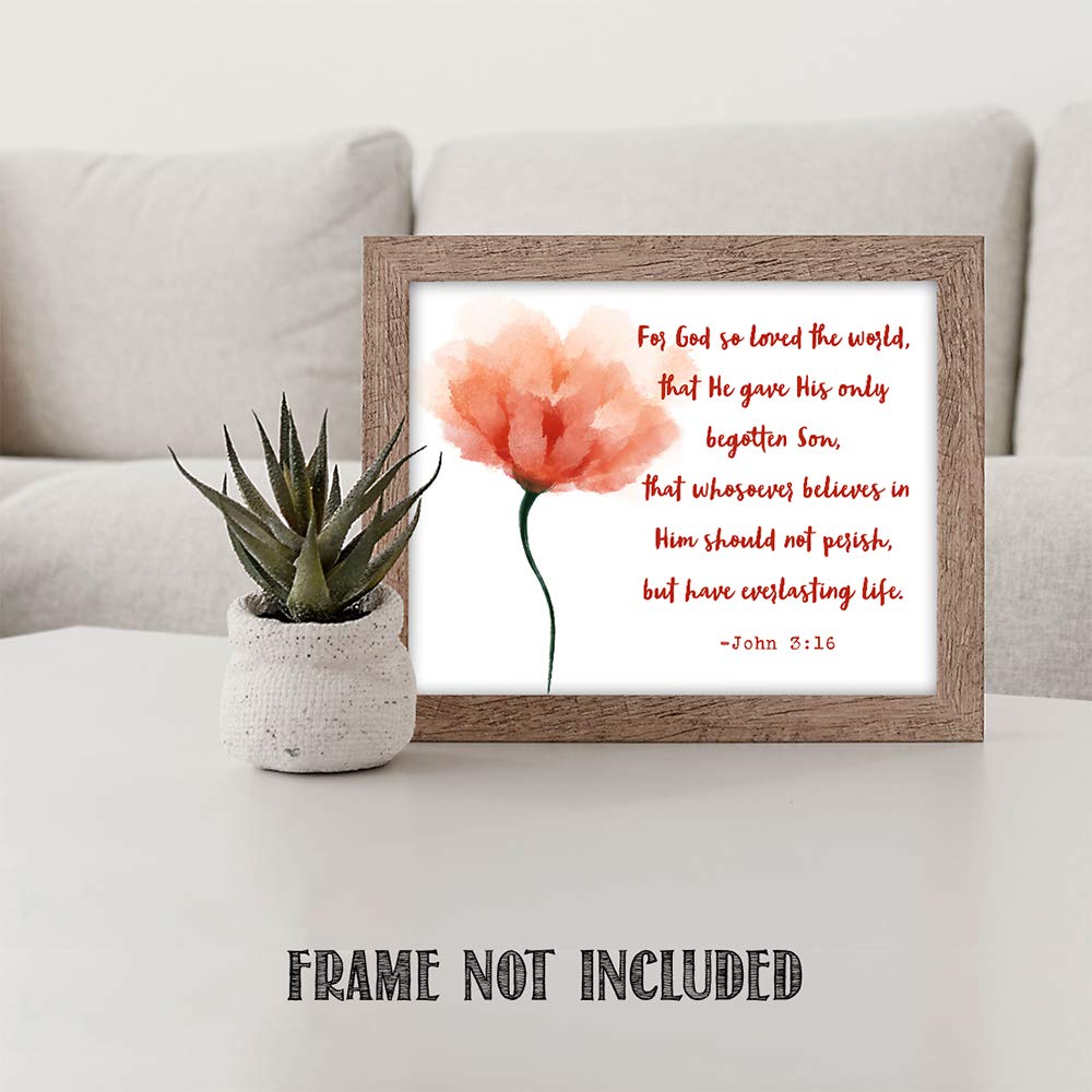 TJ Originals - John 3:16 Bible Verse Wall Art Decor - 11x14 Christian Scripture Print - Inspirational Gift for Family, Friends & Women (Peach Flower) - Perfect for Home, Church & Office Decor
