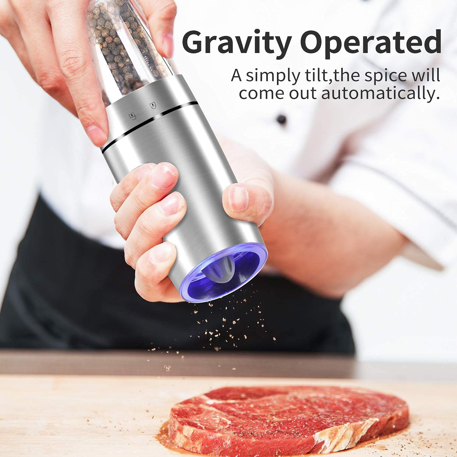 Premium Electric Salt and Pepper Grinder Set - 2 Pack Automatic Battery-Powered Mills with Adjustable Coarseness, One-Hand Operation & Blue LED Light - Stainless Steel Kitchen Gadget for Cooking, Dining & Gifting (Silver)