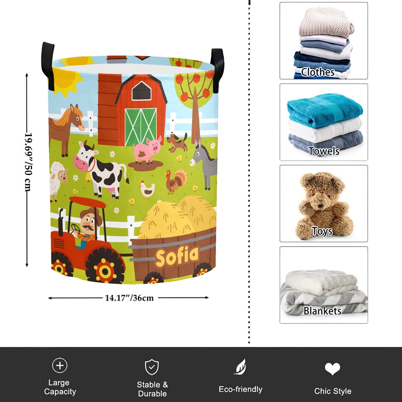 Personalized Farm Animal Laundry Hamper - Collapsible Storage Basket with Handles for Kids Room, Nursery Decor & Clothes Organization | Perfect for Baby Shower Gifts, Toddler Bedroom & Playroom Storage