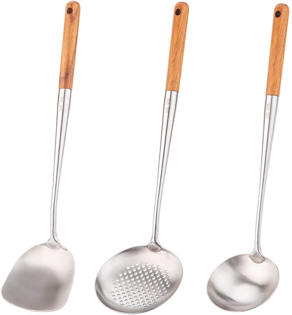 FBWSM 17-Inch Stainless Steel Wok Spatula and Ladle Set - Professional 304 Stainless Steel Skimmer & Stir Fry Tools for Asian Cooking - Perfect for Stir-Frying, Deep Frying & Serving Dishes