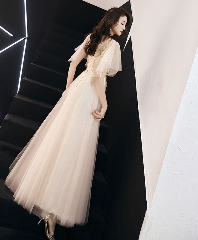Elegant Champagne V-Neck Tulle Lace Long Prom Dress for Evening Gala & Formal Events - Perfect for Homecoming, Wedding Guest, and Special Occasions