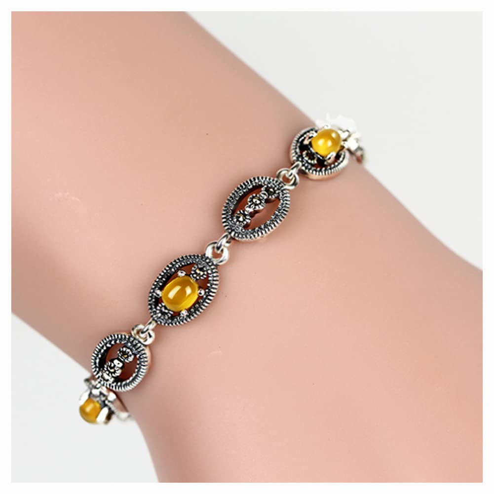 925 Sterling Silver Bracelet with Yellow Agate & Chrysoprase - Vintage Thai Style Chain Hand Jewelry for Women & Girls | Perfect for Gifts, Parties & Everyday Wear