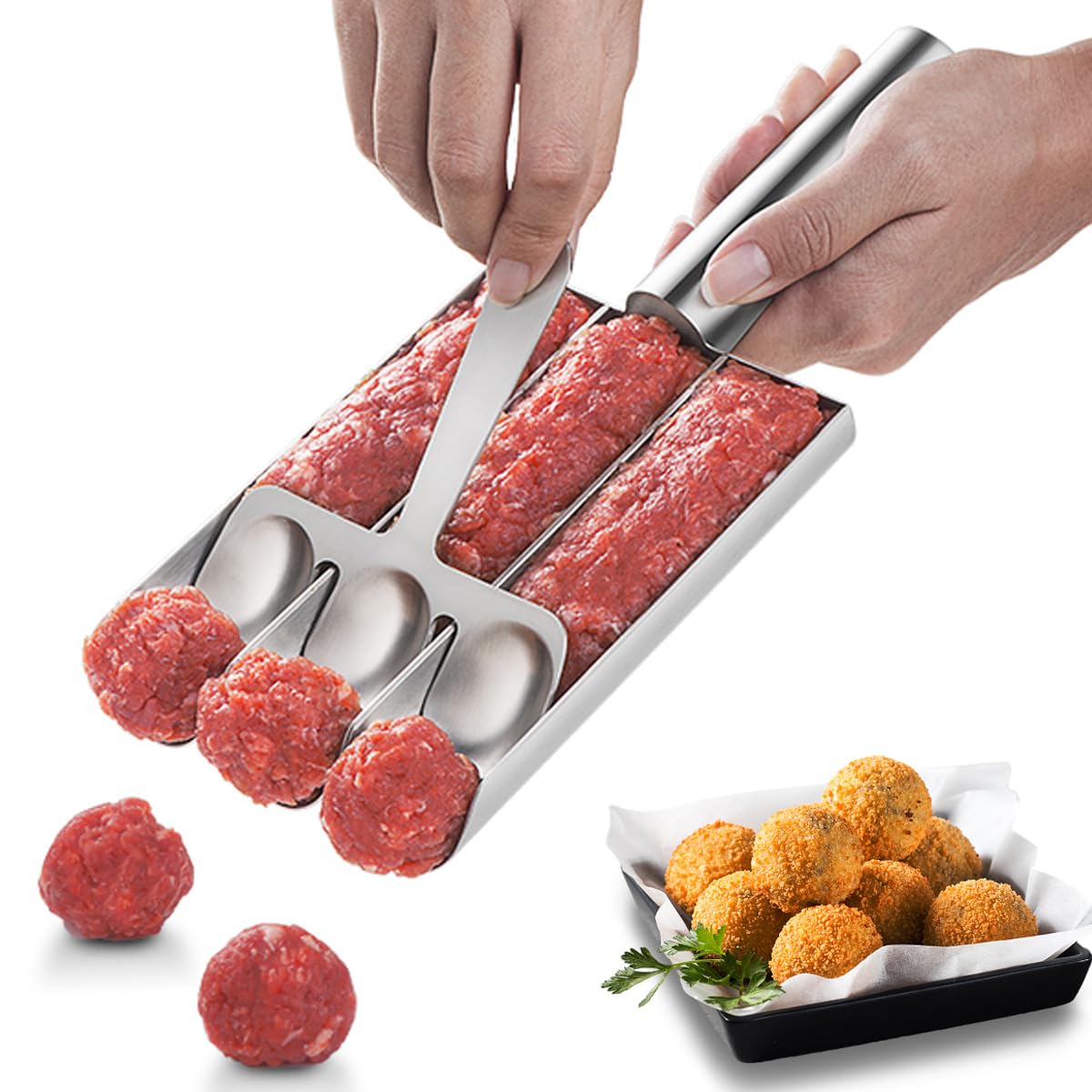 Premium 304 Stainless Steel Triple Meatball Maker Tool - Non-Stick Meatball Scoop & Baller for Easy Cooking - Perfect for Homemade Italian Meatballs, Meal Prep & Family Dinners