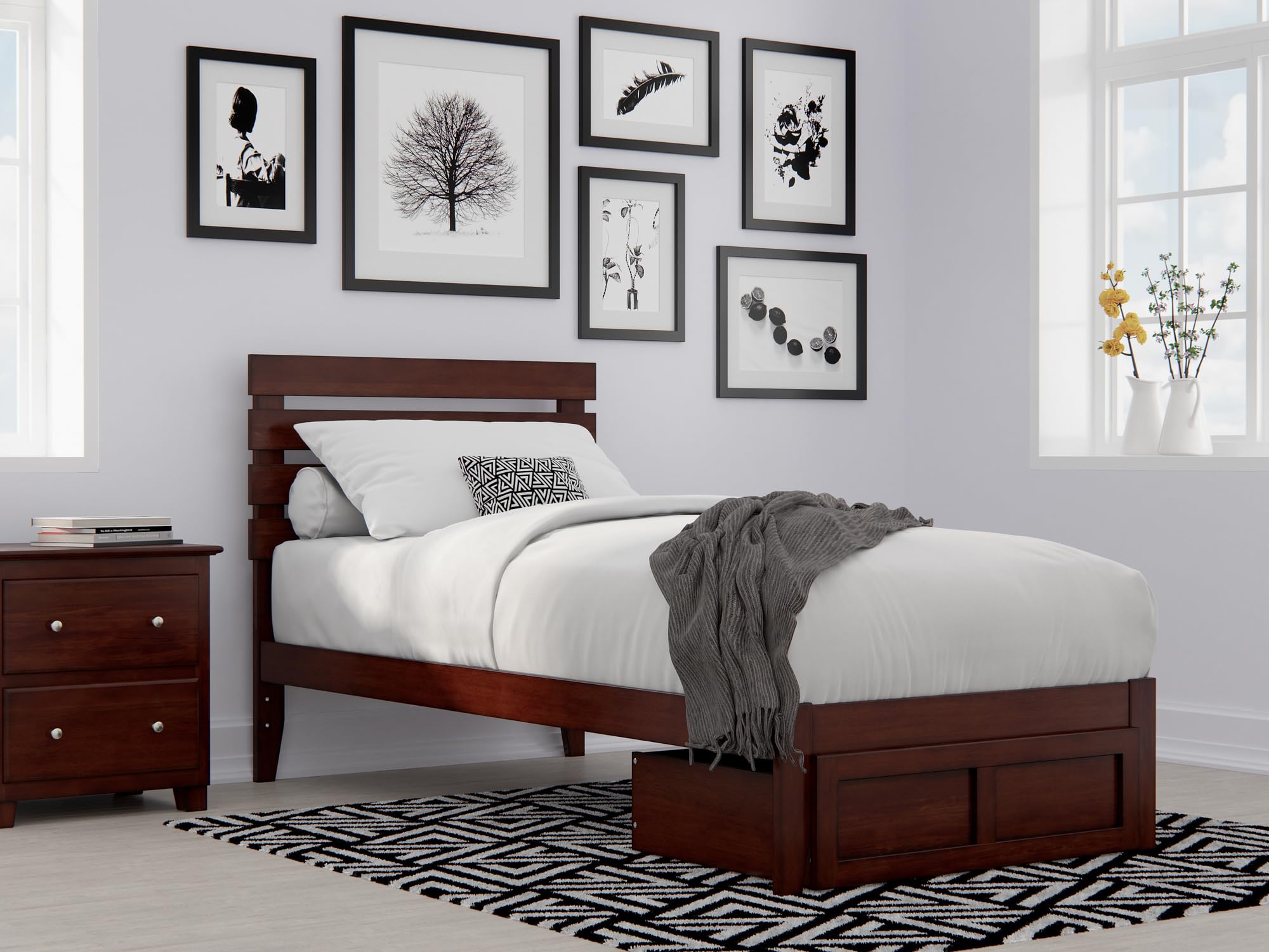 AFI Oxford Twin XL Size Platform Bed with Foot Drawer & USB Charging Station - Walnut Finish, Space-Saving Storage Solution for Small Bedrooms, Dorm Rooms & Studio Apartments