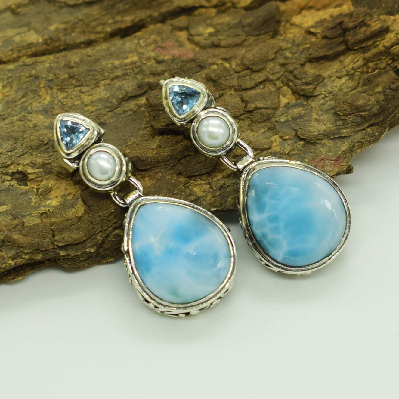 Larimar & Blue Topaz Pearl Teardrop Earrings - Sterling Silver Filigree Irish Celtic Drop Earrings for Women | Elegant Jewelry Gift for Weddings, Parties & Special Occasions