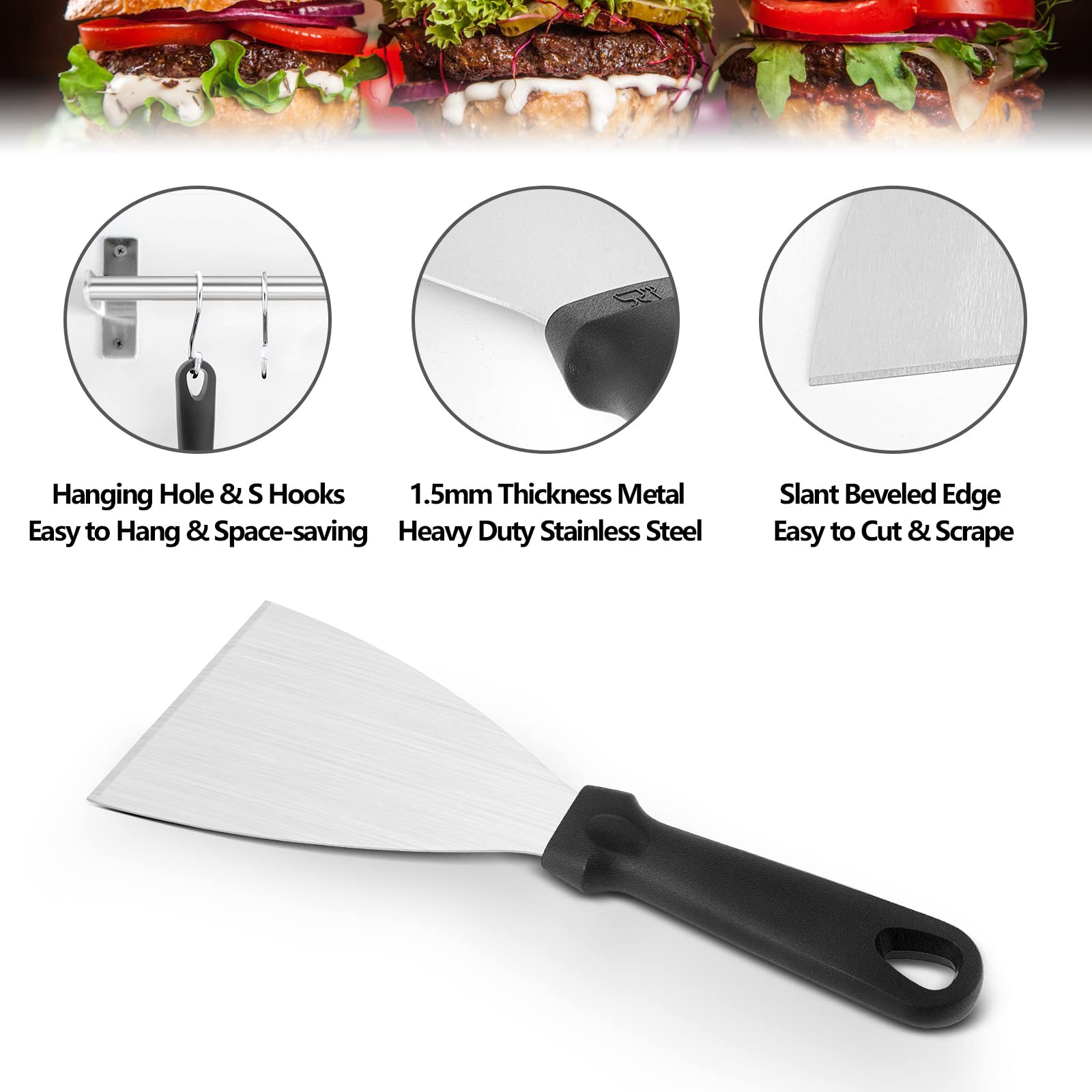 3Pcs Stainless Steel Grill Griddle Scraper Set - Heavy Duty Metal Flat Top Grill Cleaner for Cast Iron, Teppanyaki & BBQ - Dishwasher Safe - Perfect for Outdoor Cooking, Camping & Backyard Parties