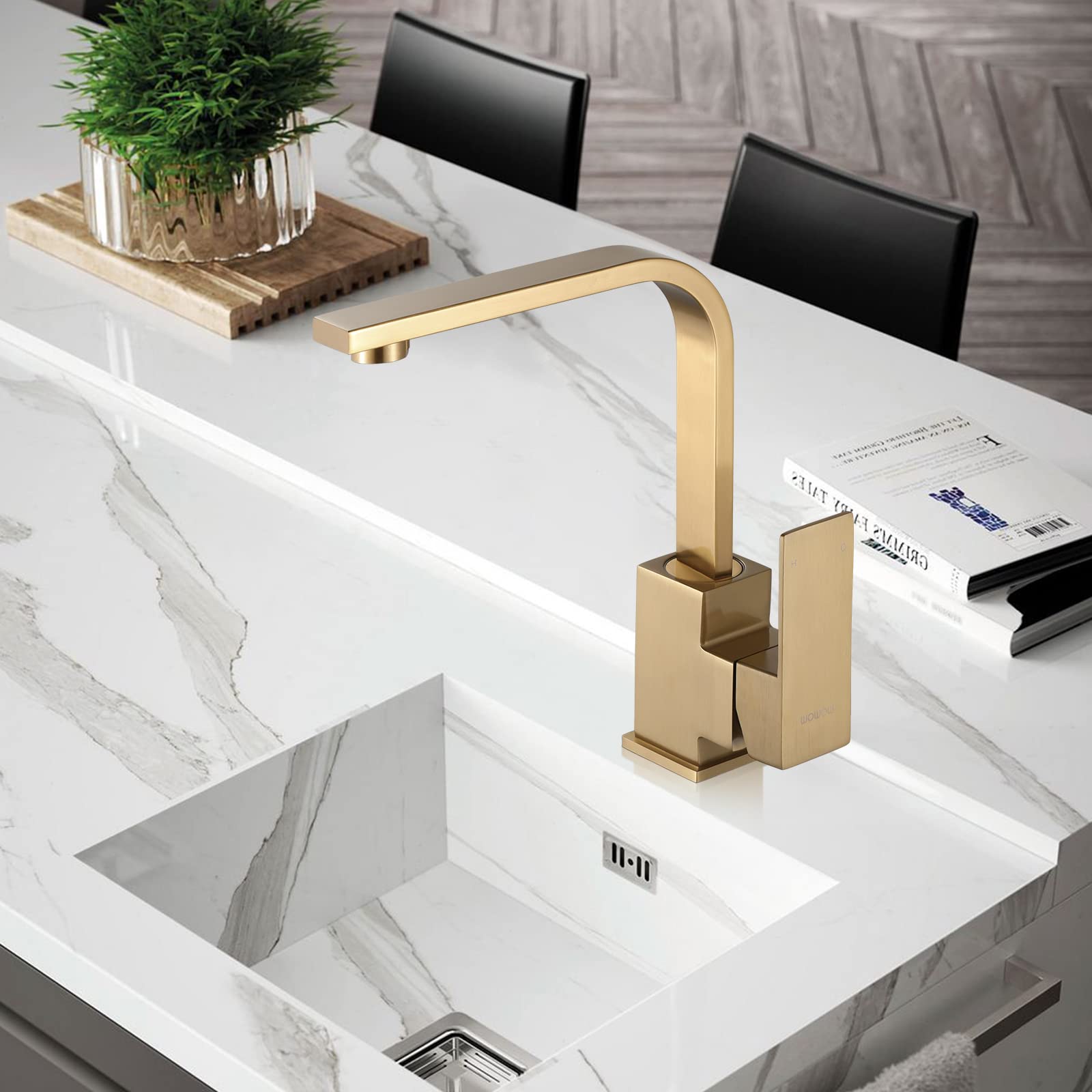 Brushed Gold Single Handle Bar Faucet - Stainless Steel Small Kitchen Sink Faucet with Supply Hose - Perfect for Mini Bars, Wet Bars, and Small Kitchen Sinks - WOWOW
