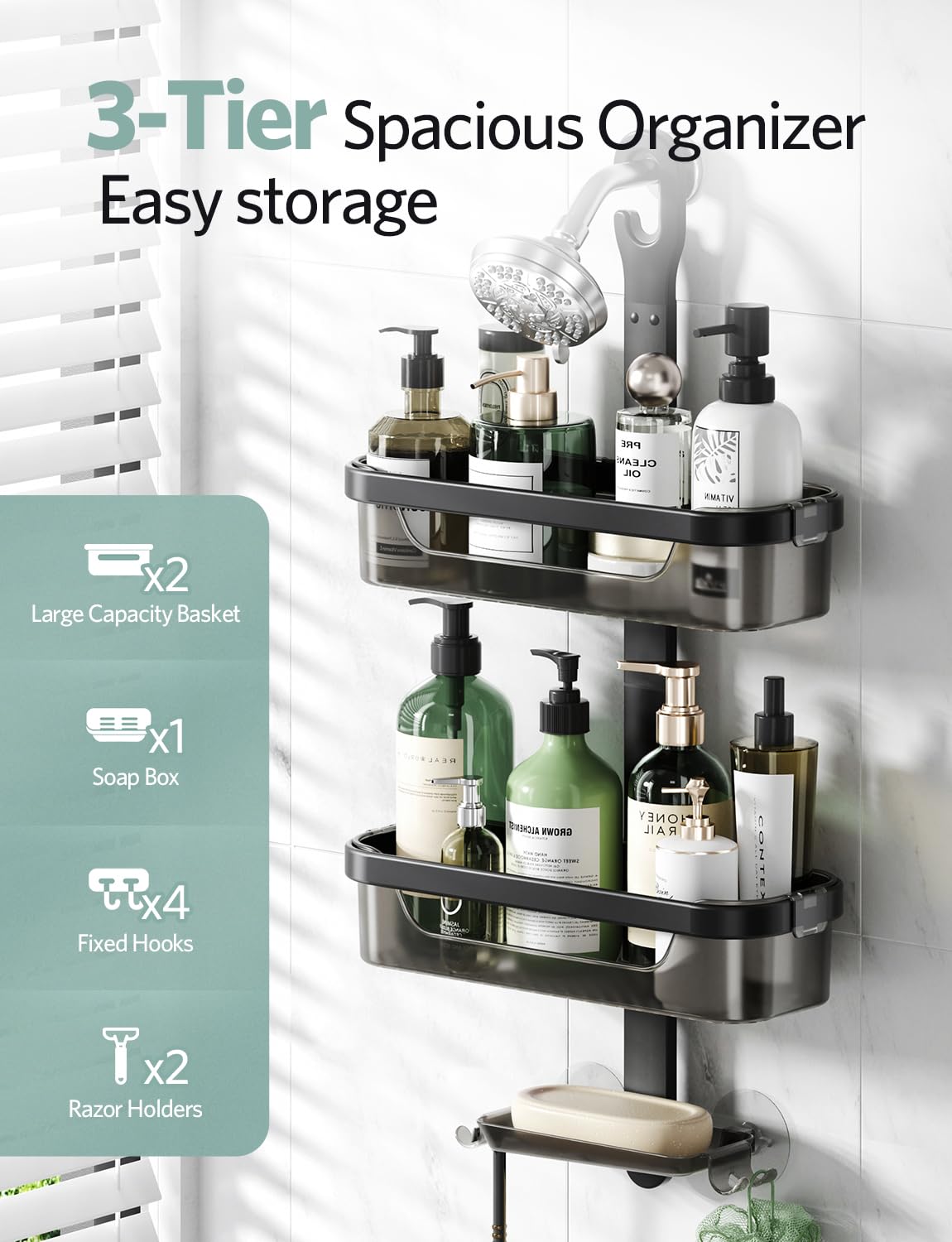 LAMU Adjustable Shower Caddy Organizer - 3-Tier Rustproof Aluminum Alloy + ABS Hanging Storage with Hooks, Razor Holder & Soap Dish (Black) - Perfect for Bathroom Organization & Small Space Storage