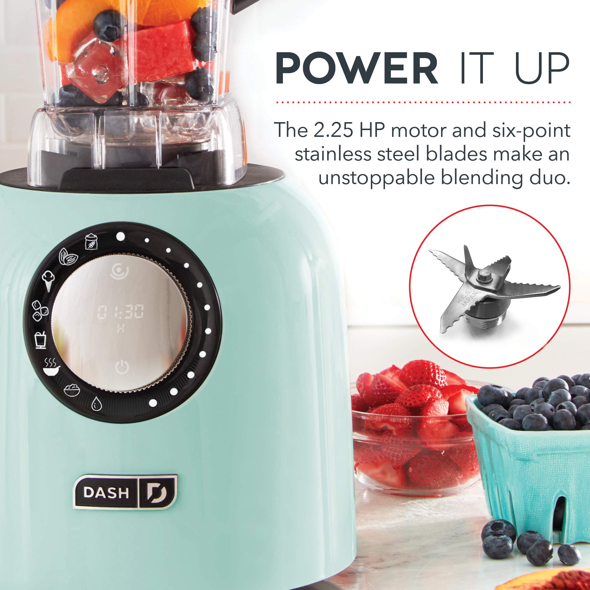 Dash Chef Series Deluxe Digital 64 oz Countertop Blender with Stainless Steel Blades & Tritan Jug - Perfect for Smoothies, Nut Butters, Soups & Purees - Includes Tablet Stand & USB Port - Ideal for Kitchens, Restaurants & Healthy Lifestyles - Aqua