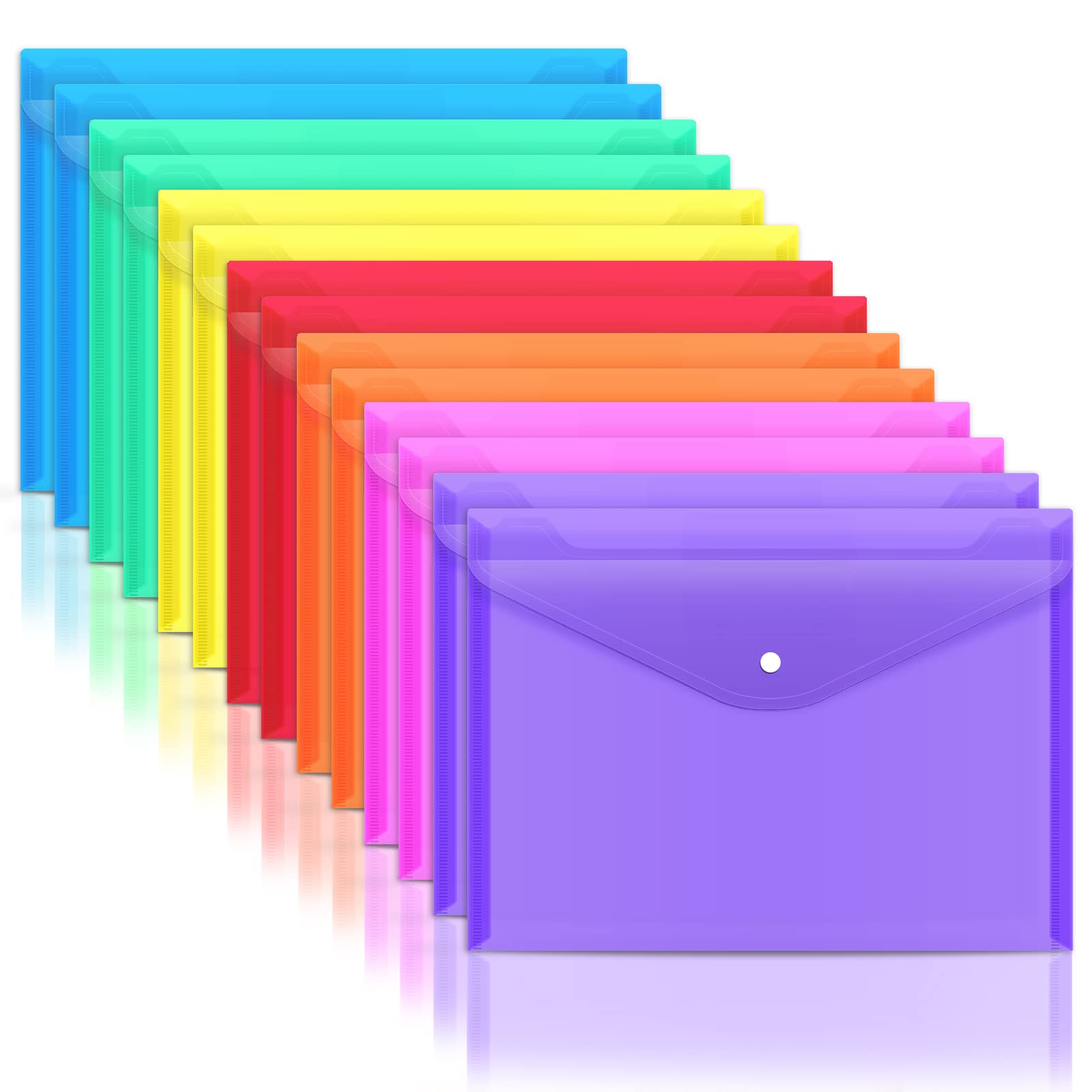 EOOUT 14 Pack Plastic Envelopes - Clear Snap Closure Document Folders, 7 Color Poly File Folders for Letter/A4 Size | School, Office & Mailing Supplies | Perfect for Organizing Documents, Homework & Office Files