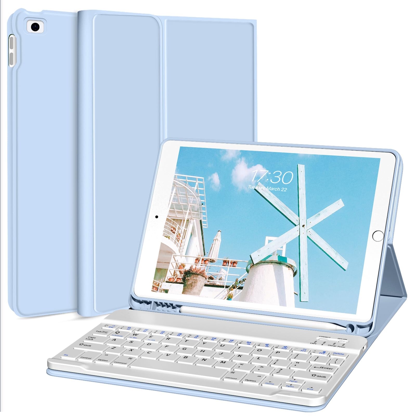 Kenke Ultra Slim Wireless Keyboard Case for iPad 9.7 inch (iPad 6th/5th Gen 2018/2017, iPad Air 2/1) - Lightweight Smart Cover with Apple Pencil Holder & Magnetic Detachable Keyboard - Perfect for Work, Travel & Study (Light Blue)