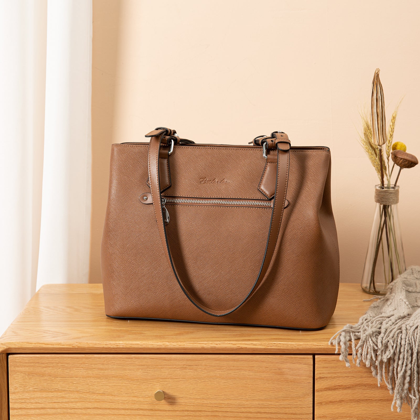 Premium Nevin Structured Leather Shoulder Tote Bag with Front Zipper Pocket - Stylish Work Bag for Women, Perfect for Office, Travel & Daily Commute