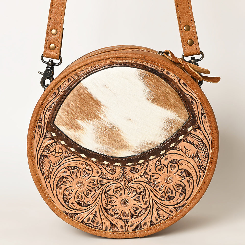 American Darling ADBG563TAW Genuine Leather Women's Western Handbag - Hand Tooled Hair-On Cowhide Canteen Purse for Cowgirl, Rodeo & Country Style Fashion Accessory